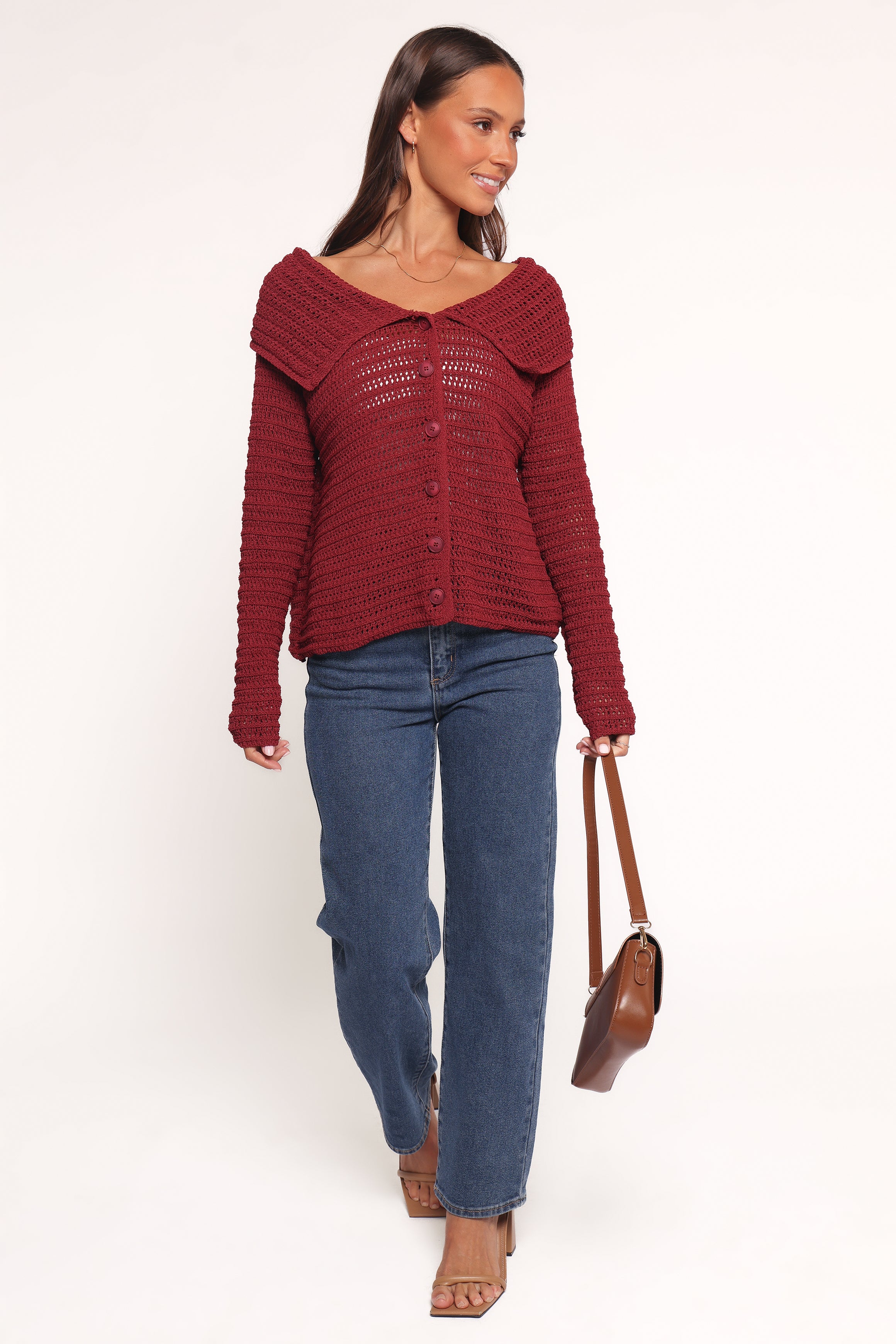 KNITWEAR Lyra Large Collar Cardigan - Burgundy