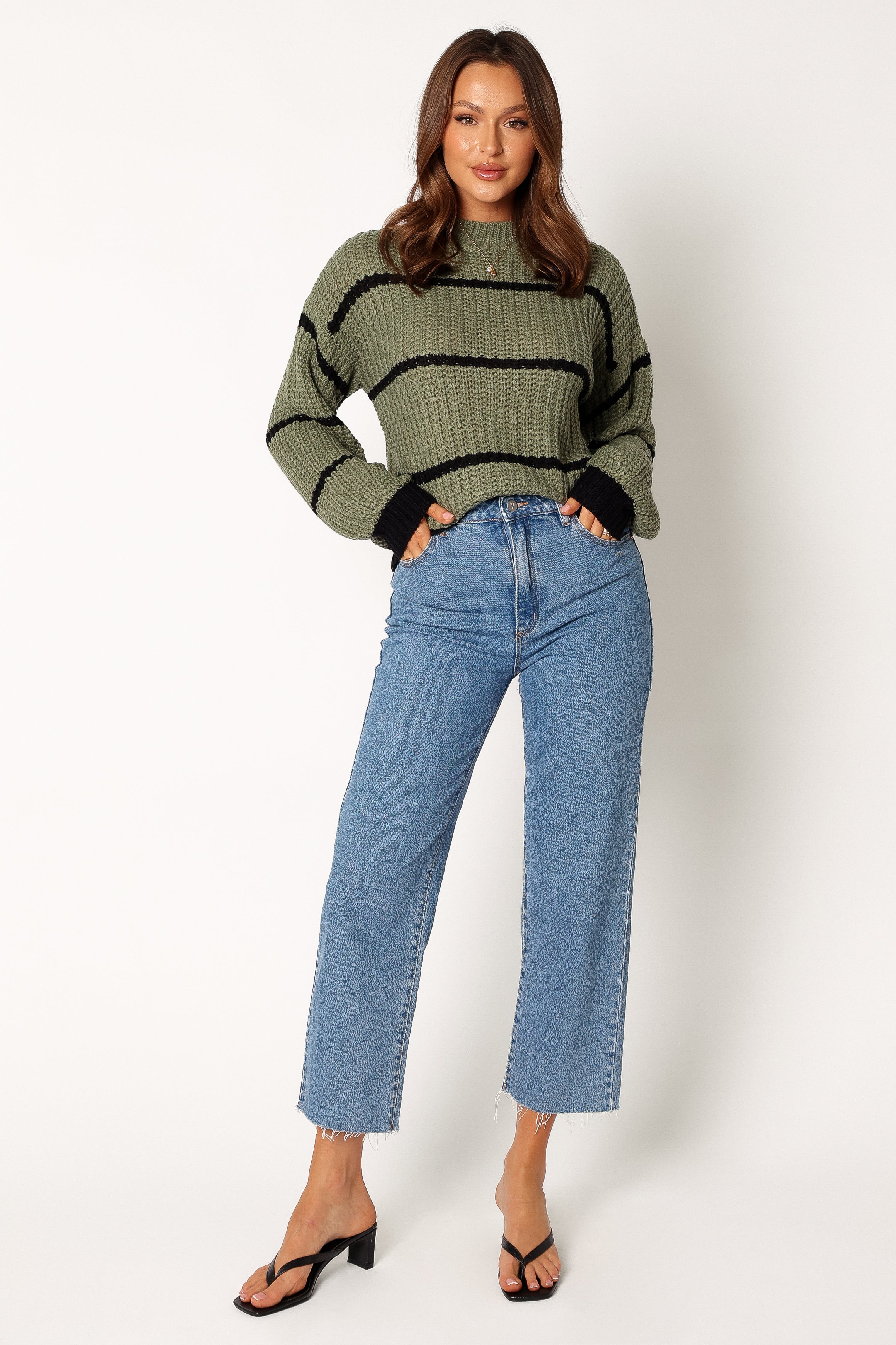 KNITWEAR @Magdalena Striped Knit Sweater - Khaki