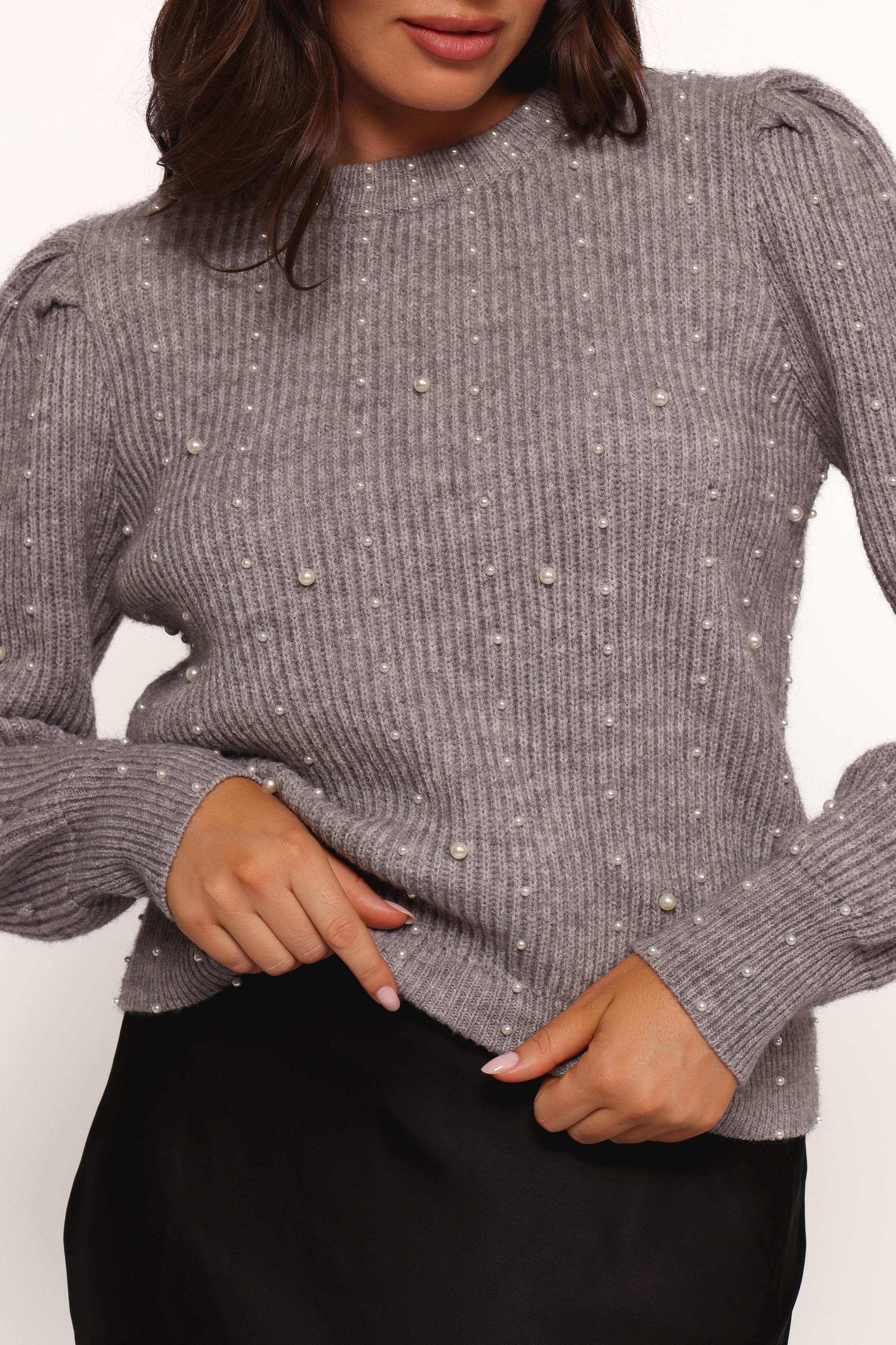 KNITWEAR Makena Pearl Detail Knit Sweater - Heather Grey