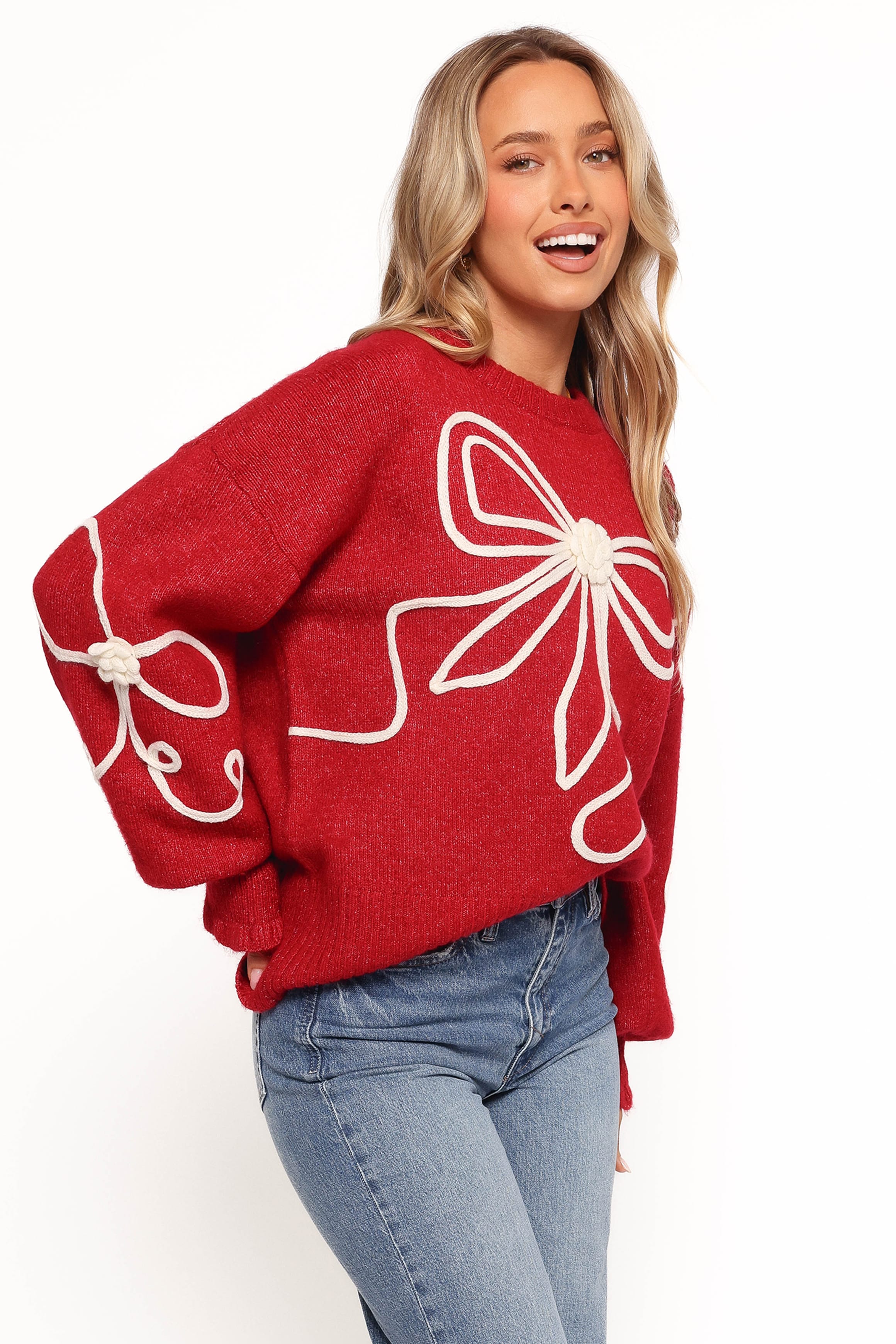 KNITWEAR Mardi Large Bow Knit Sweater - Red/Cream