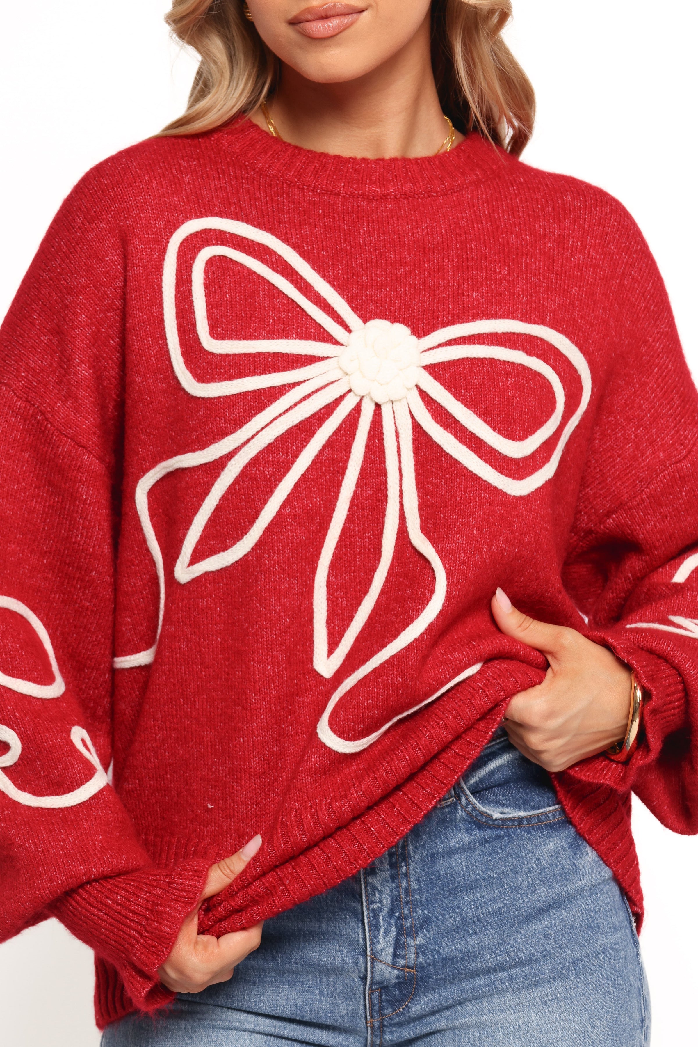 KNITWEAR Mardi Large Bow Knit Sweater - Red/Cream