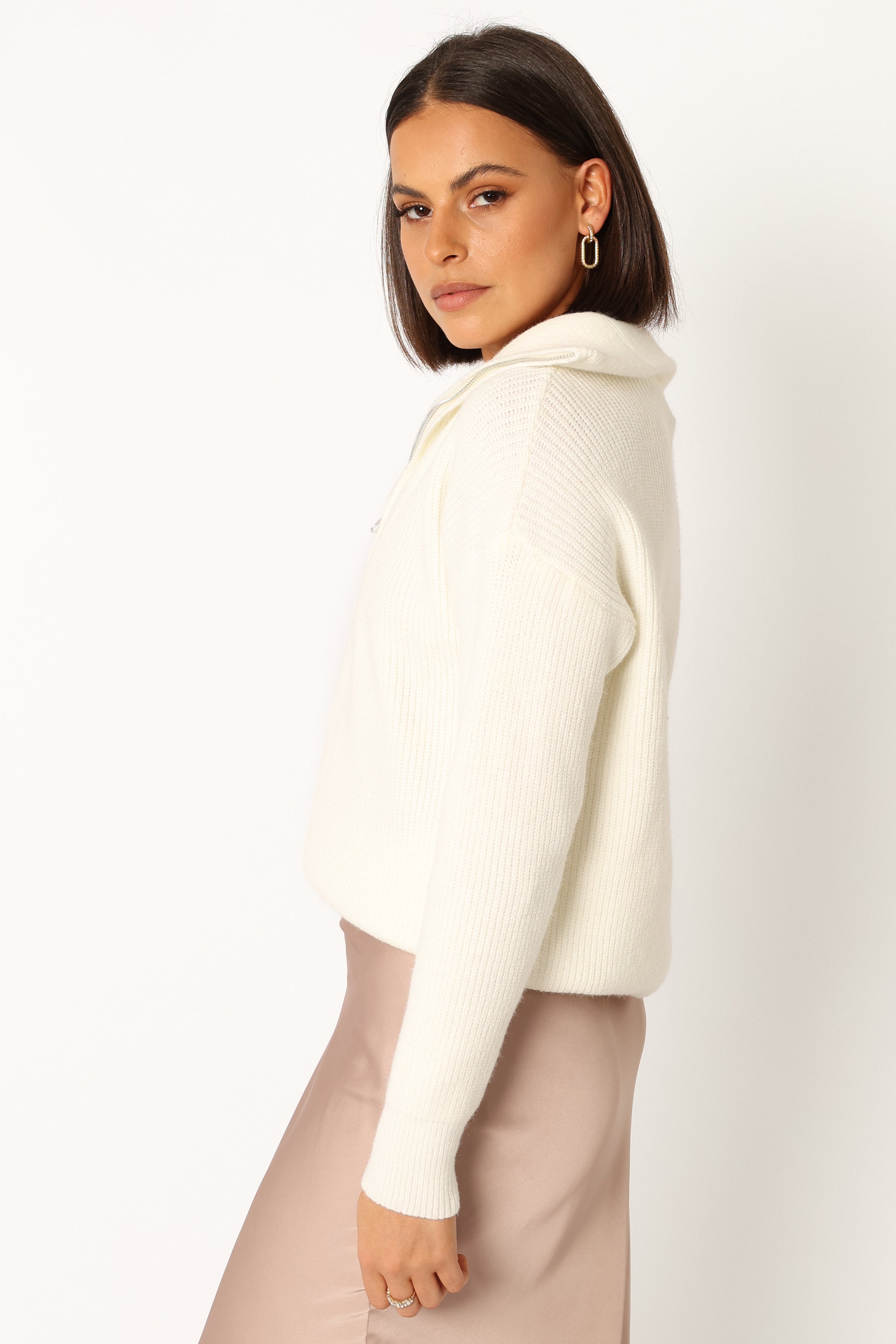KNITWEAR @Maya Quarter Zip Knit Sweater - Cream