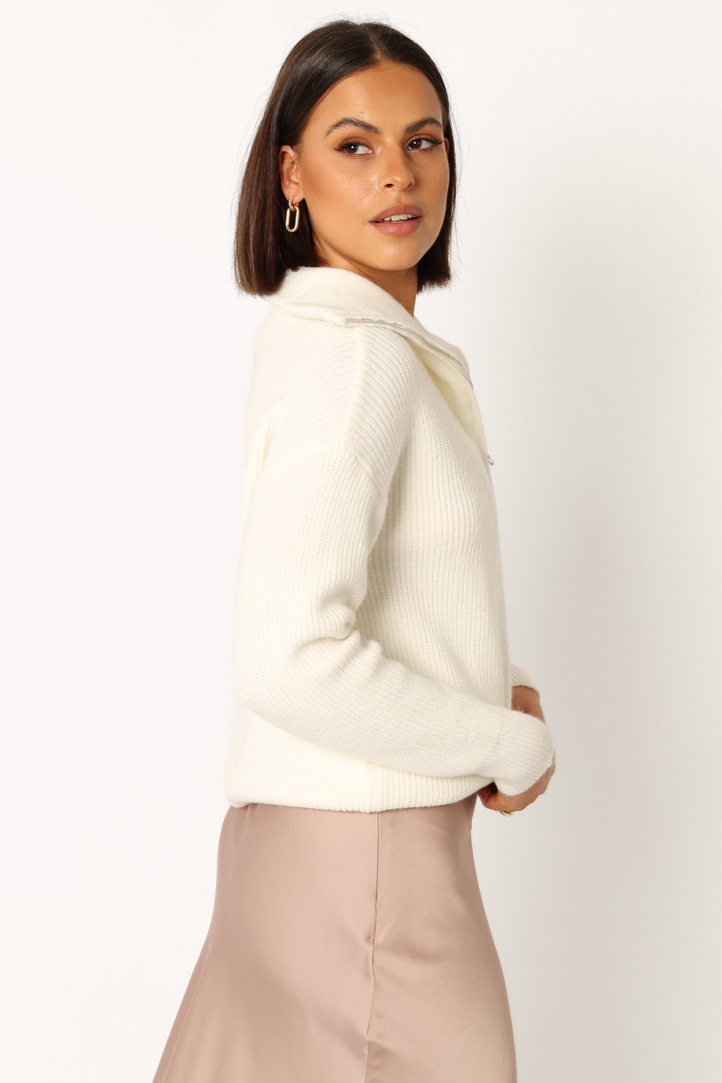 KNITWEAR @Maya Quarter Zip Knit Sweater - Cream