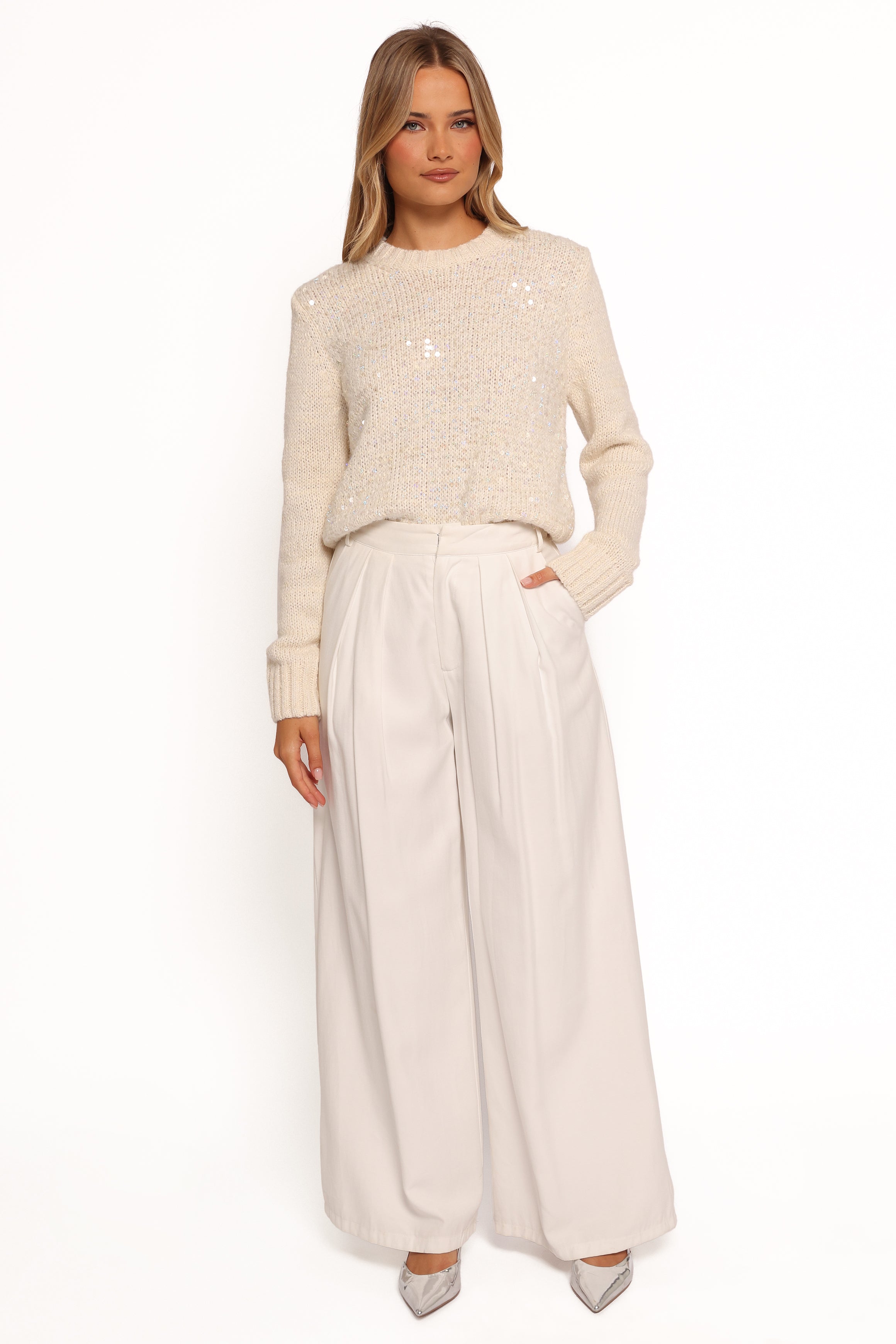 KNITWEAR Medora Crewneck Sequin Knit Sweater - Ivory