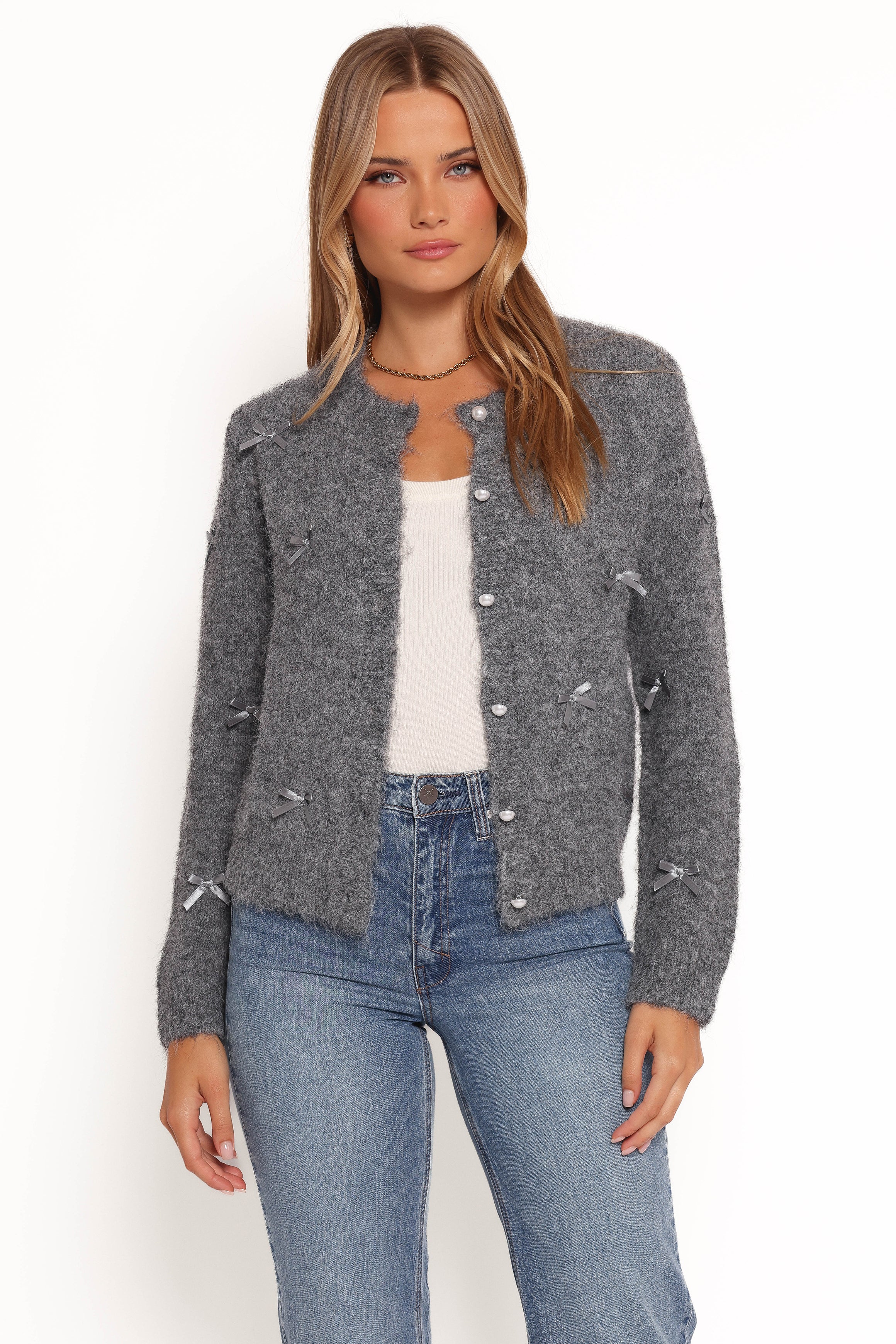 KNITWEAR Mellie All Over Bow Button Front Cardigan - Grey