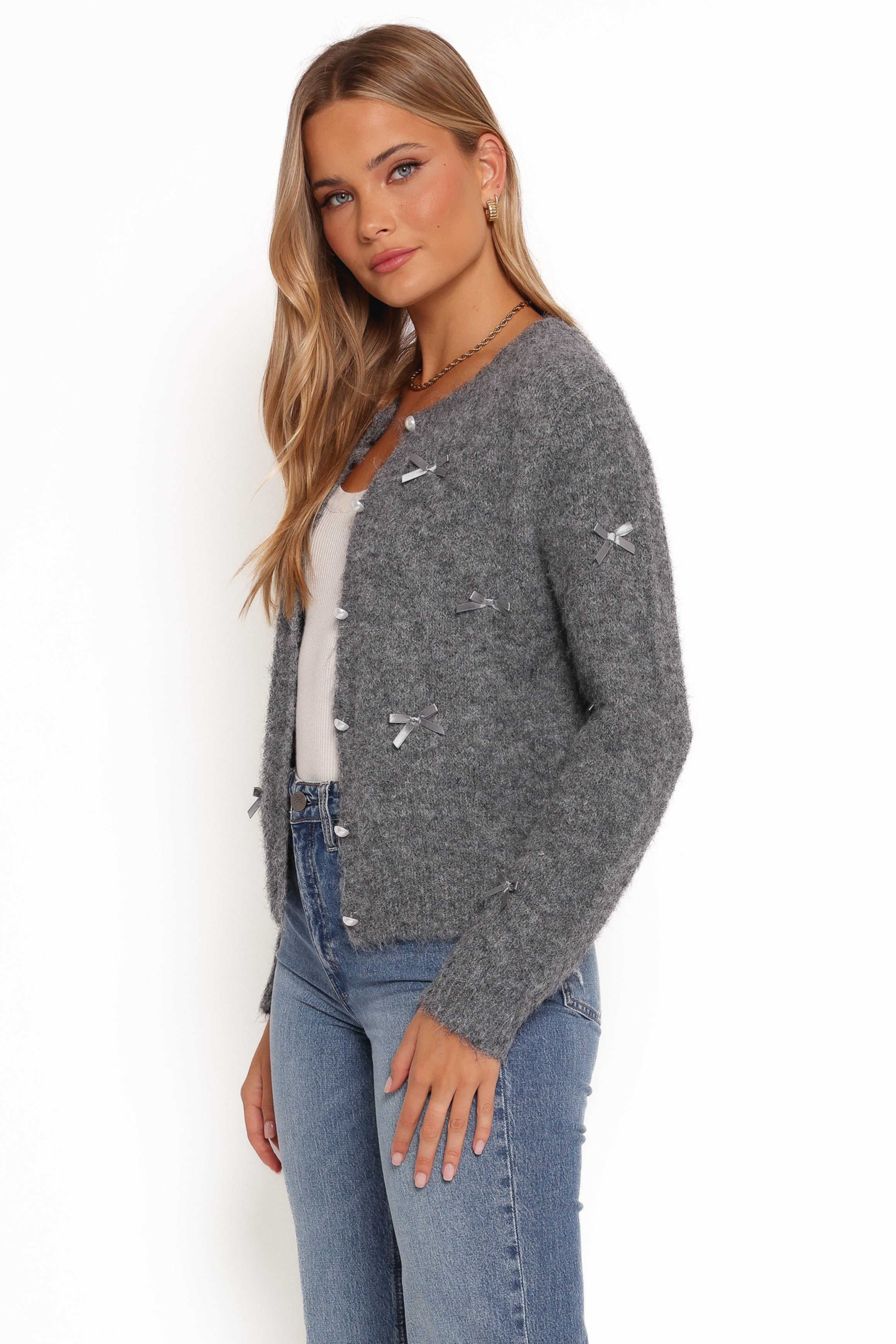 KNITWEAR Mellie All Over Bow Button Front Cardigan - Grey