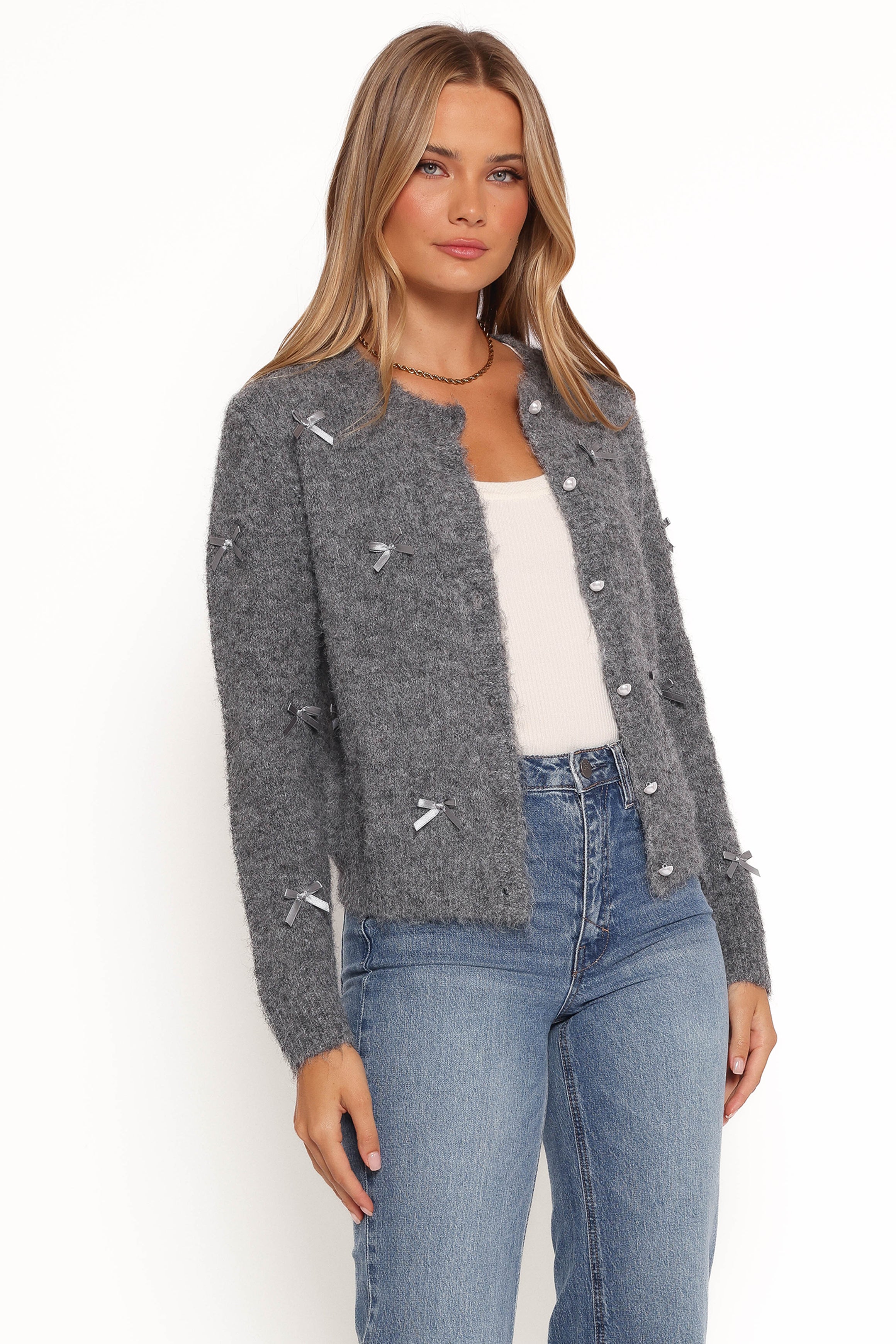 KNITWEAR Mellie All Over Bow Button Front Cardigan - Grey