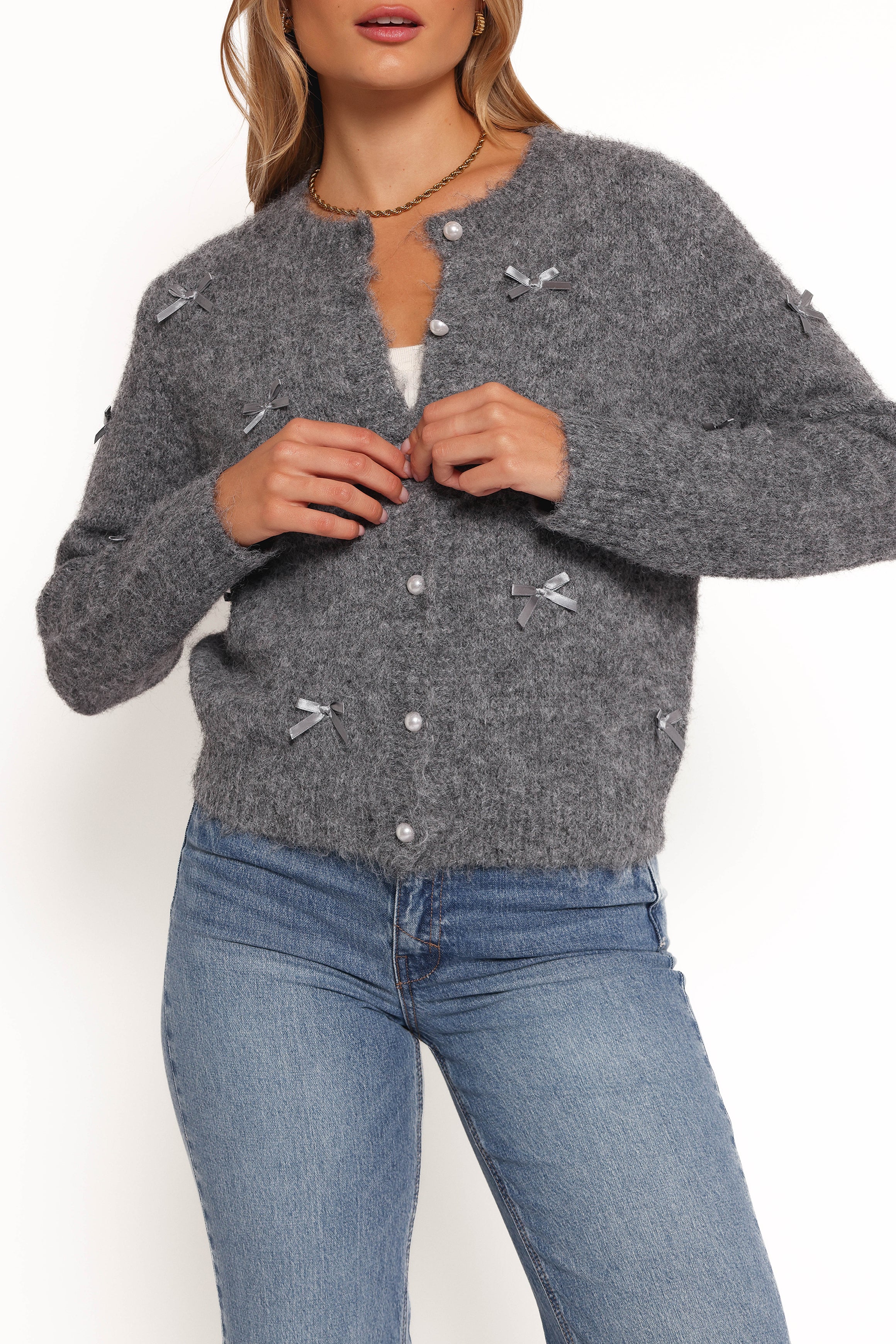 KNITWEAR Mellie All Over Bow Button Front Cardigan - Grey