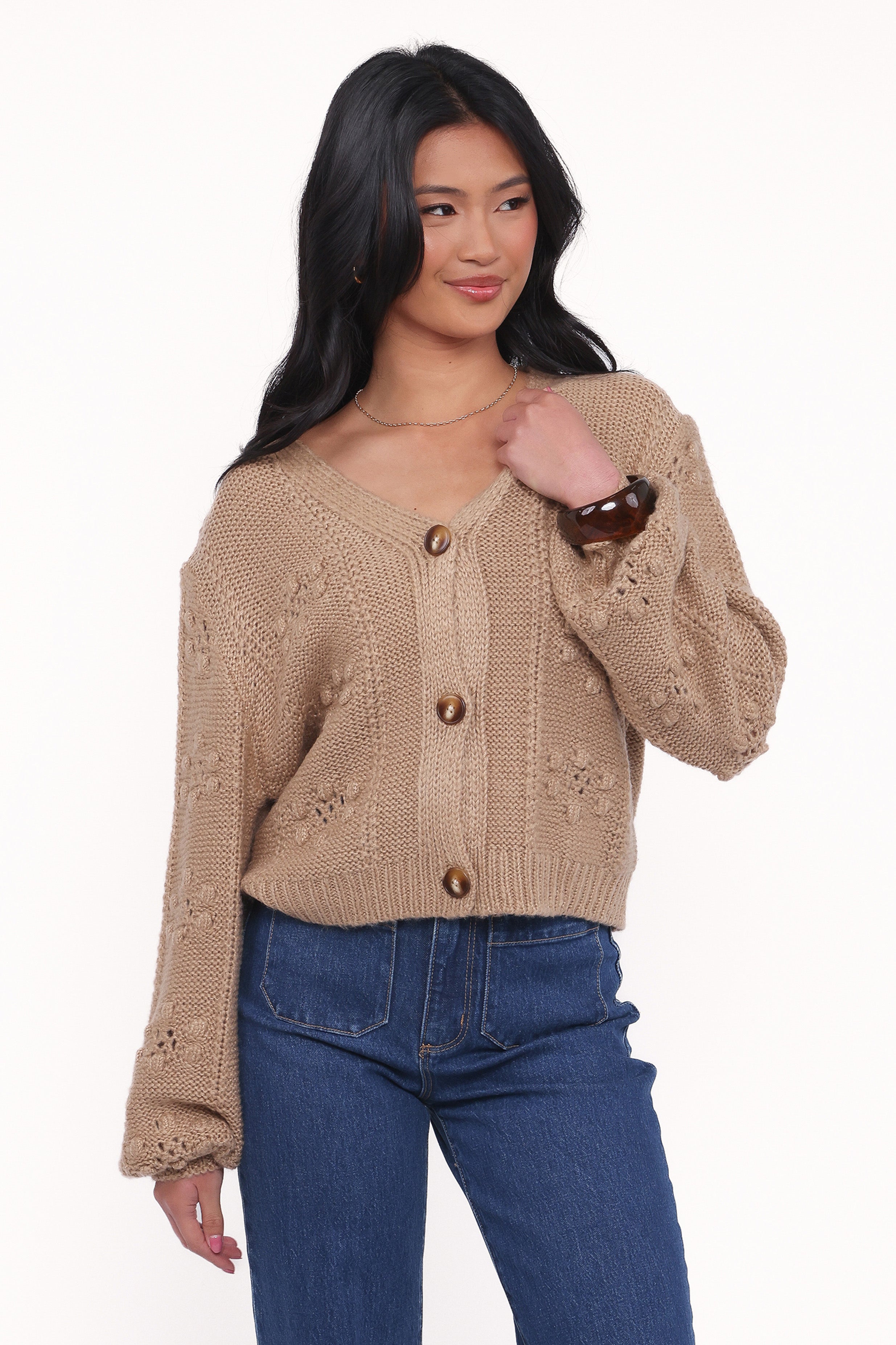KNITWEAR Melody Textured Button Up Cardigan - Mushroom