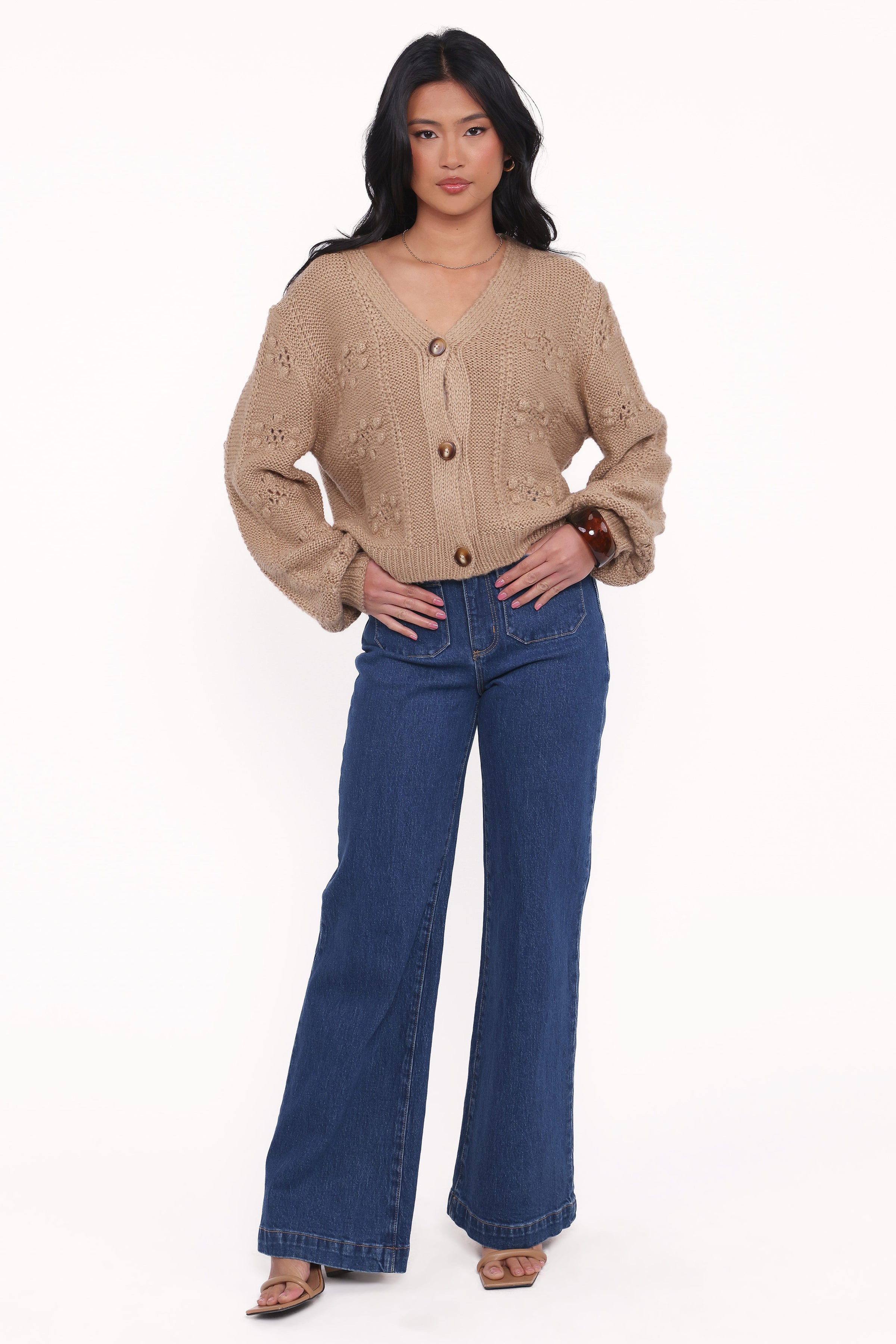 KNITWEAR Melody Textured Button Up Cardigan - Mushroom