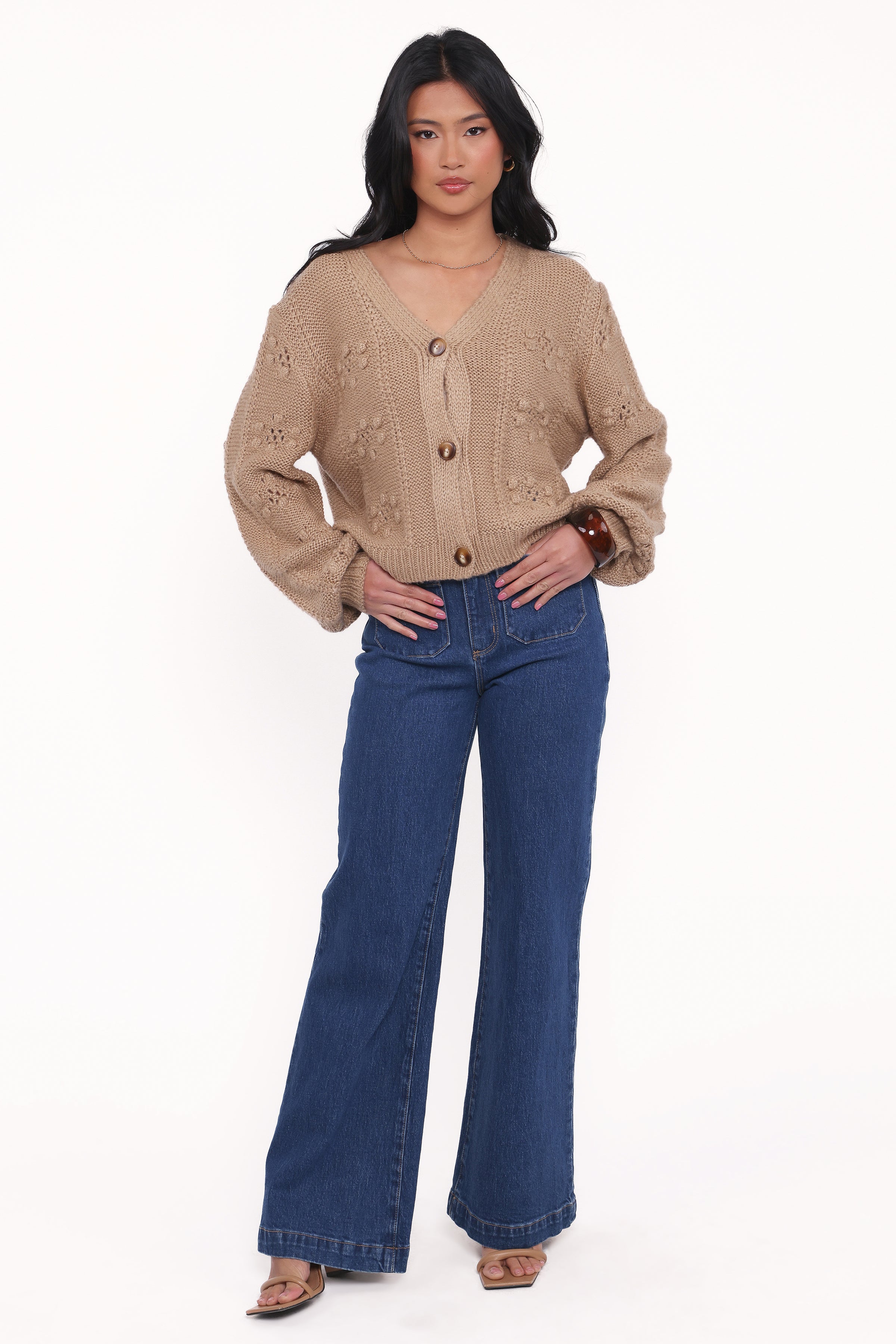KNITWEAR Melody Textured Button Up Cardigan - Mushroom