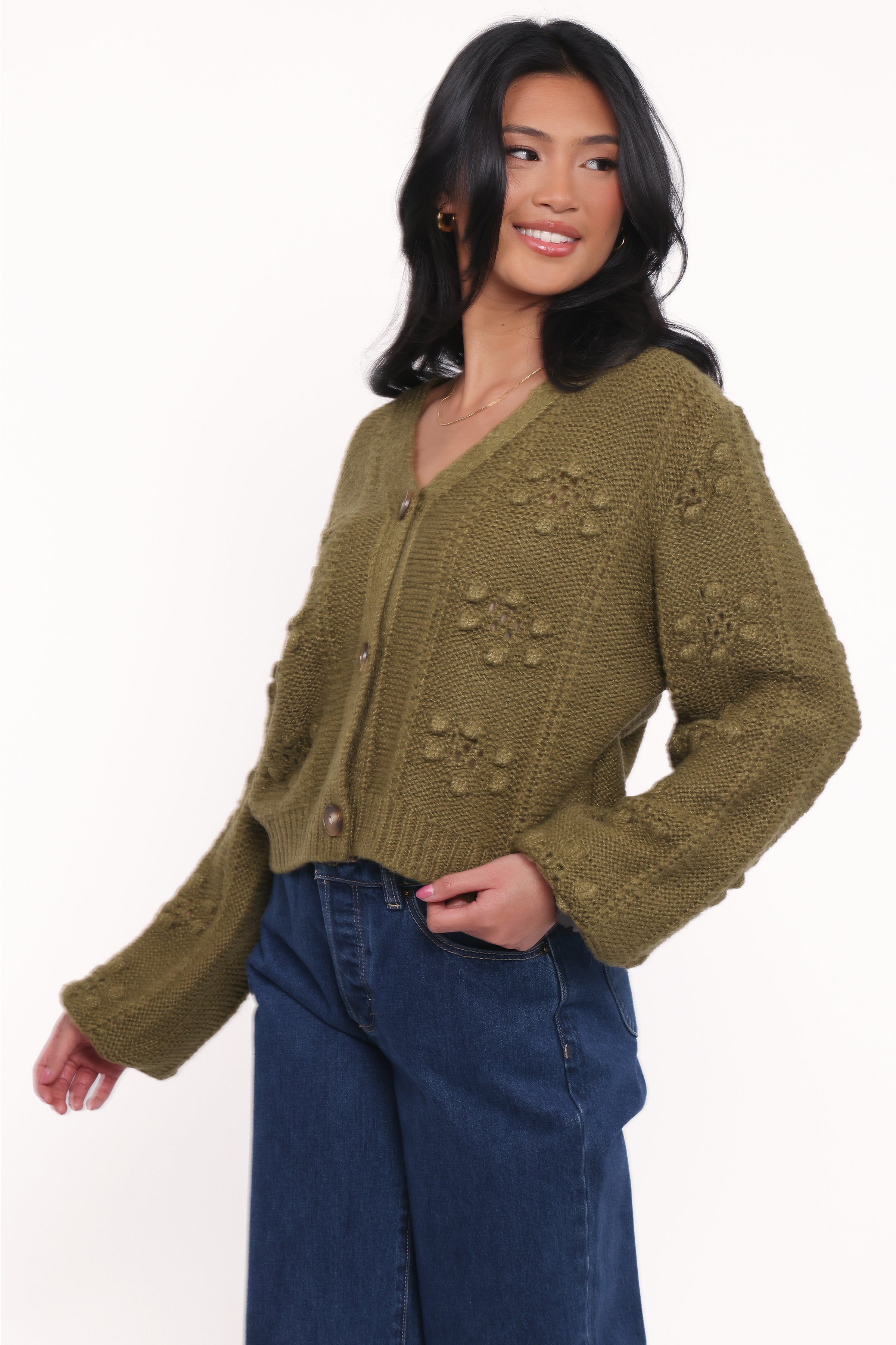 KNITWEAR Melody Textured Button Up Cardigan - Olive