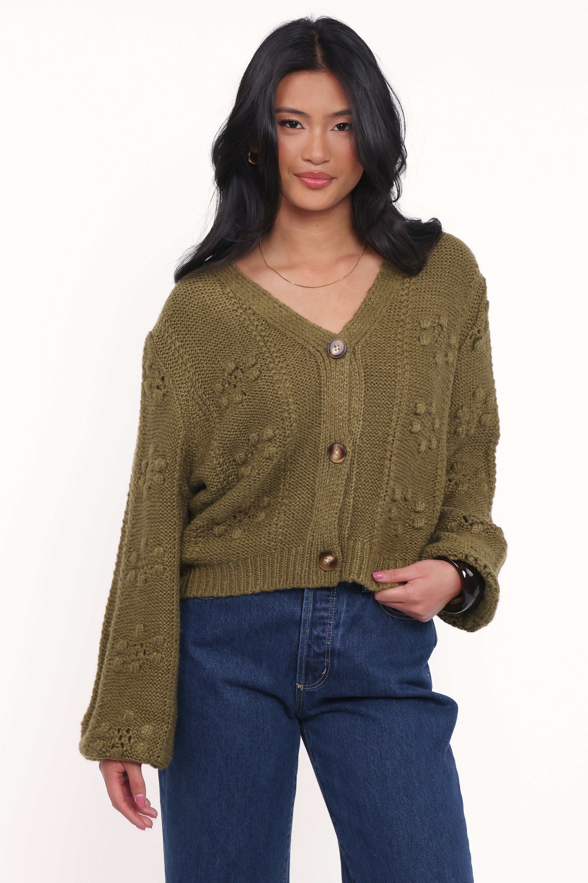 KNITWEAR Melody Textured Button Up Cardigan - Olive