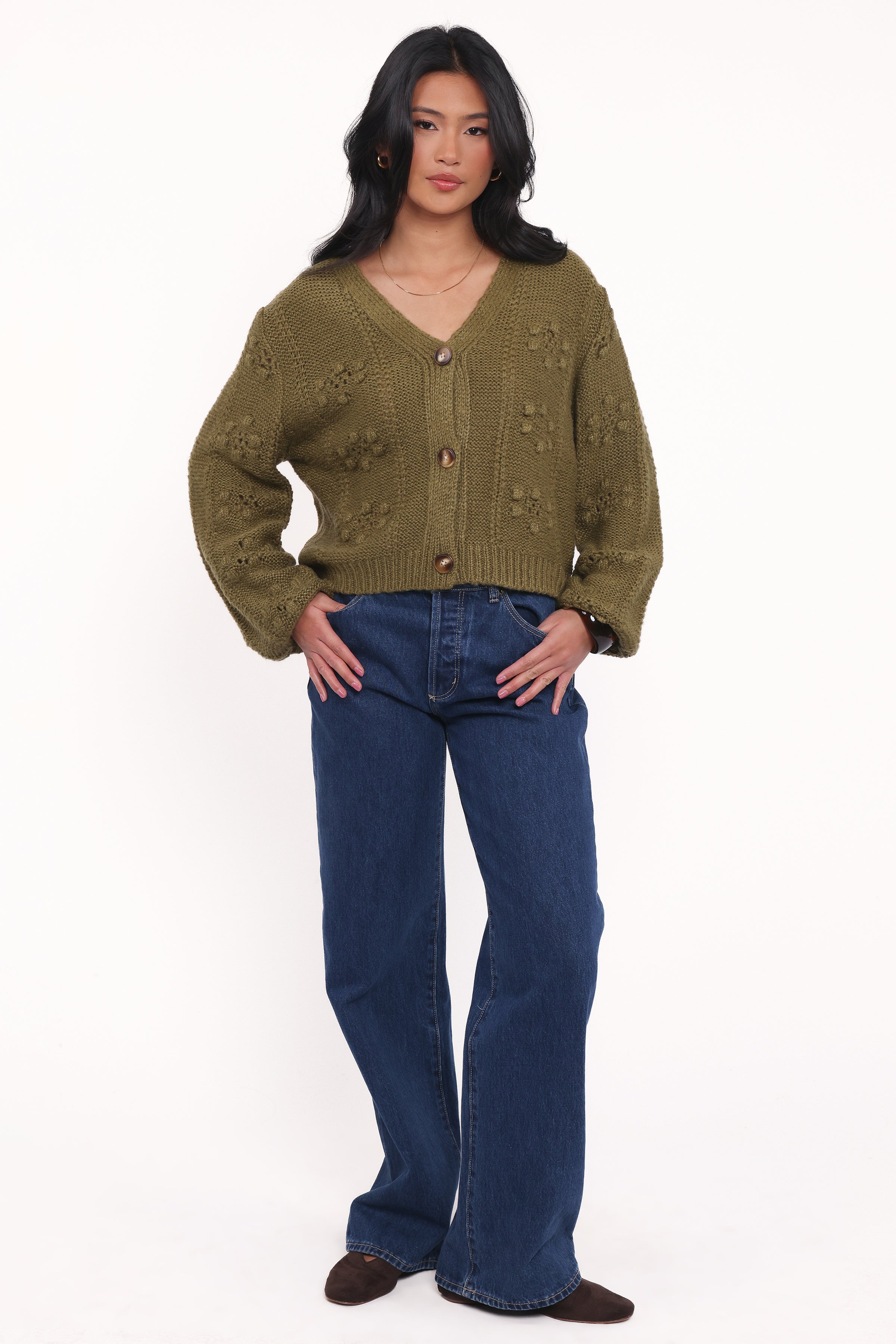 KNITWEAR Melody Textured Button Up Cardigan - Olive