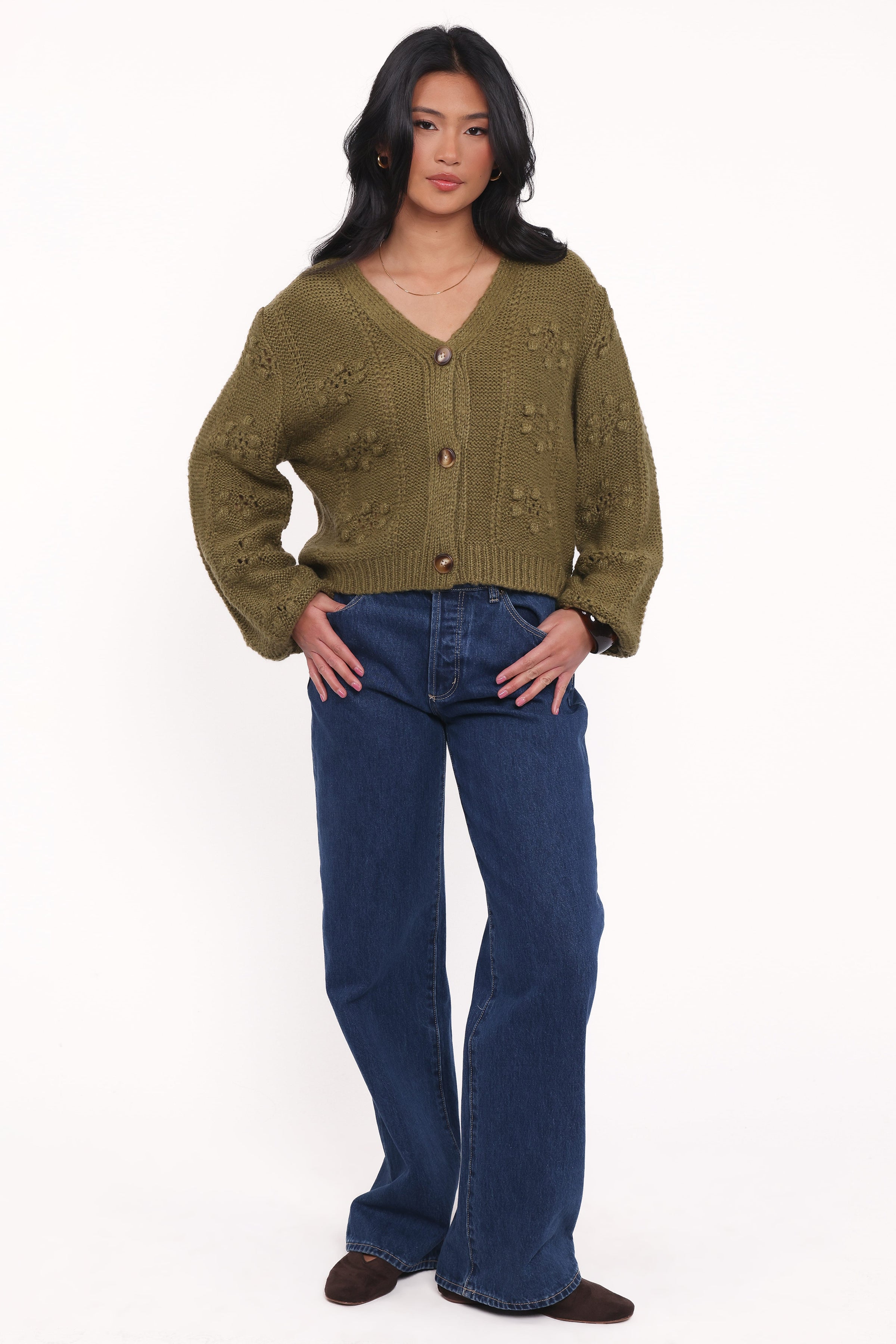 KNITWEAR Melody Textured Button Up Cardigan - Olive