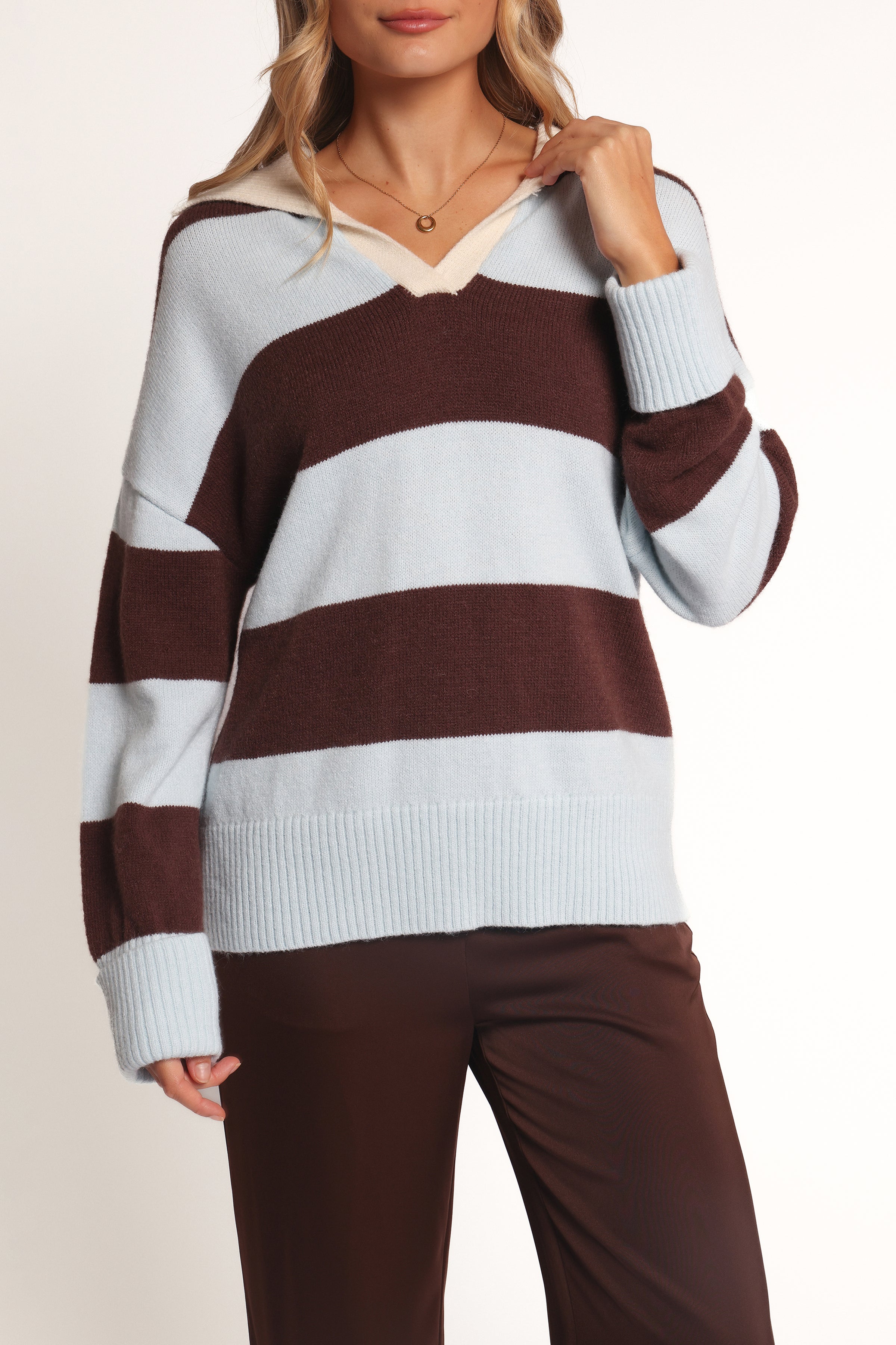 KNITWEAR Mikaela Rugby Stripe Knit Sweater - Brown/Blue Stripe