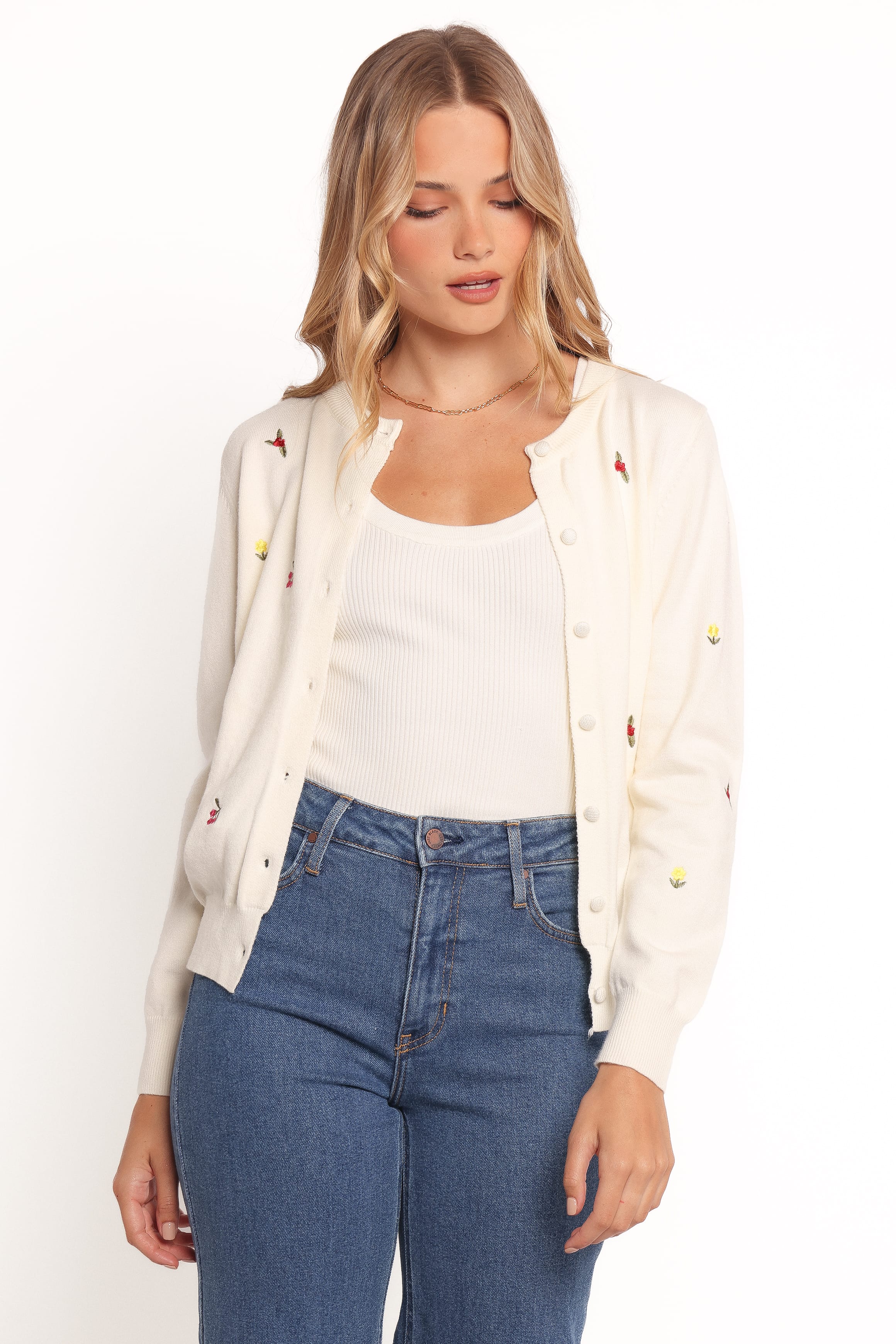 KNITWEAR Millen Flower Embroidery Cardigan - Cream