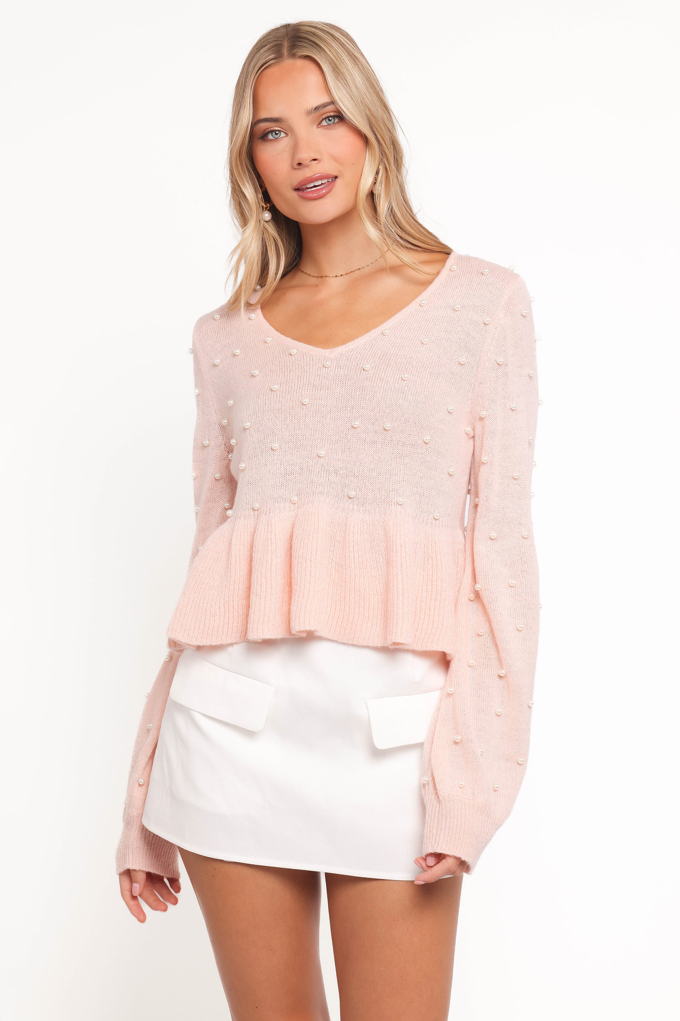 KNITWEAR Molly Pearl Peplum Knit Sweater - Light Pink