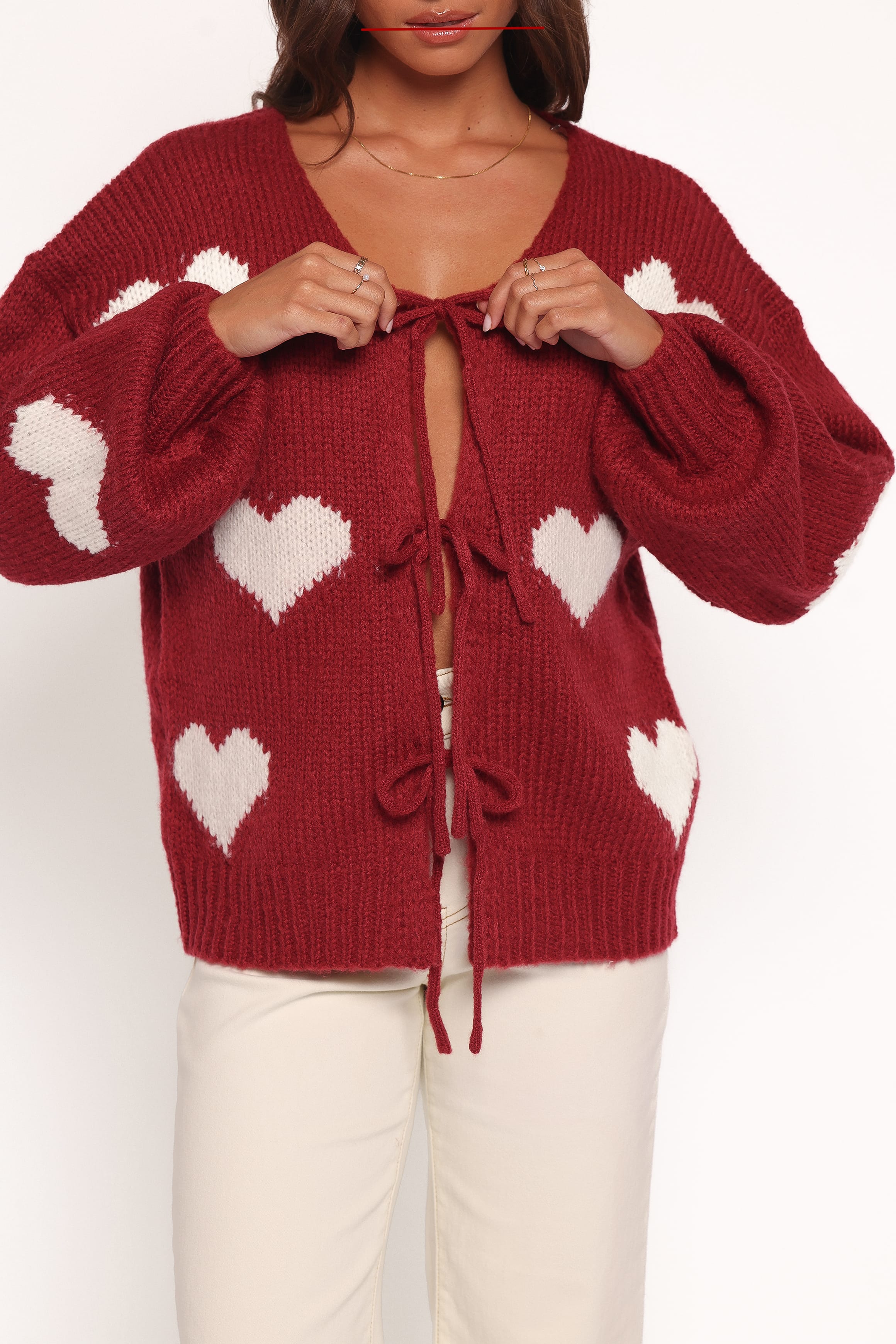 KNITWEAR Nadine All Over Heart Tie Front Cardigan - Wine