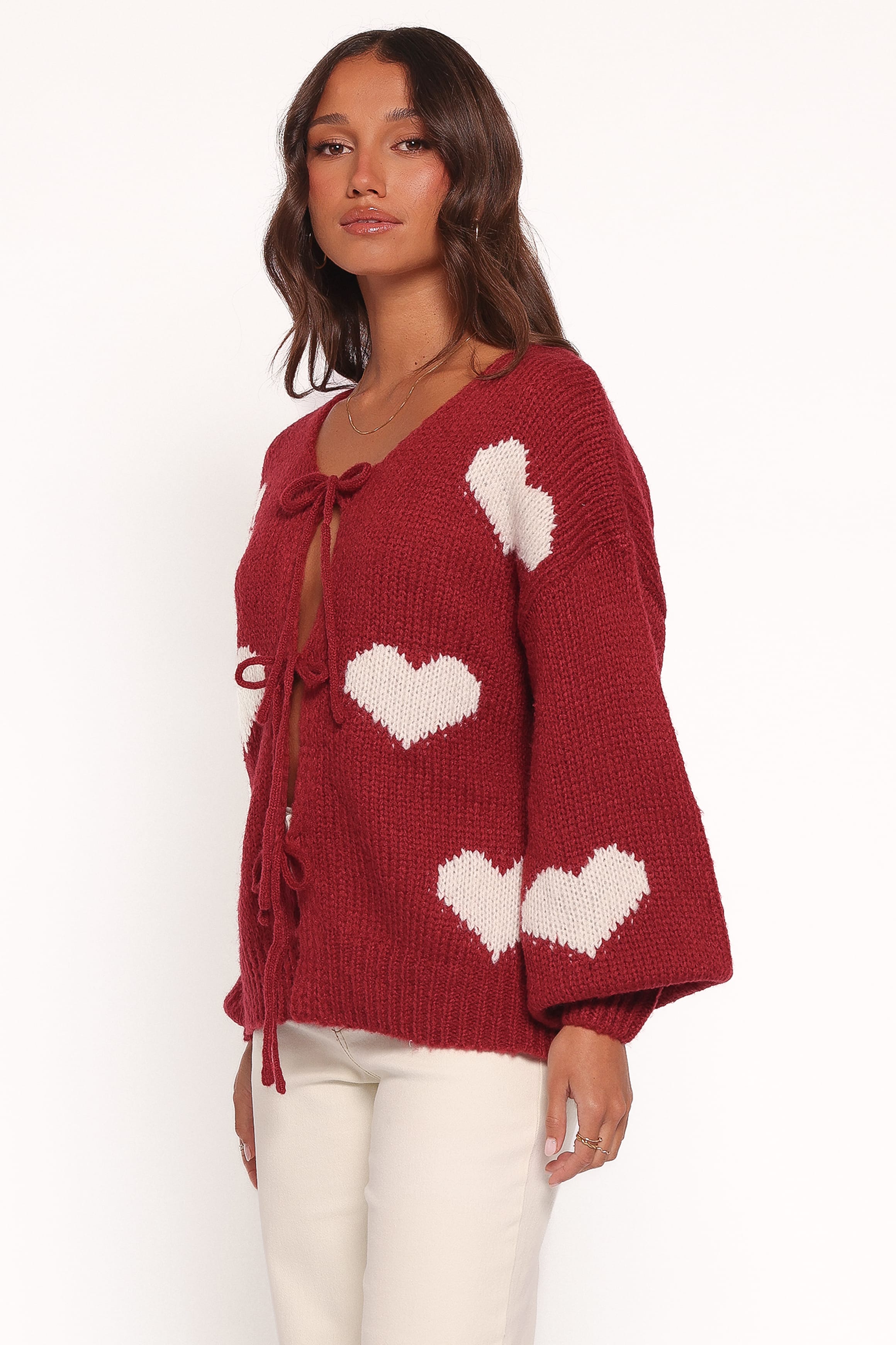 KNITWEAR Nadine All Over Heart Tie Front Cardigan - Wine