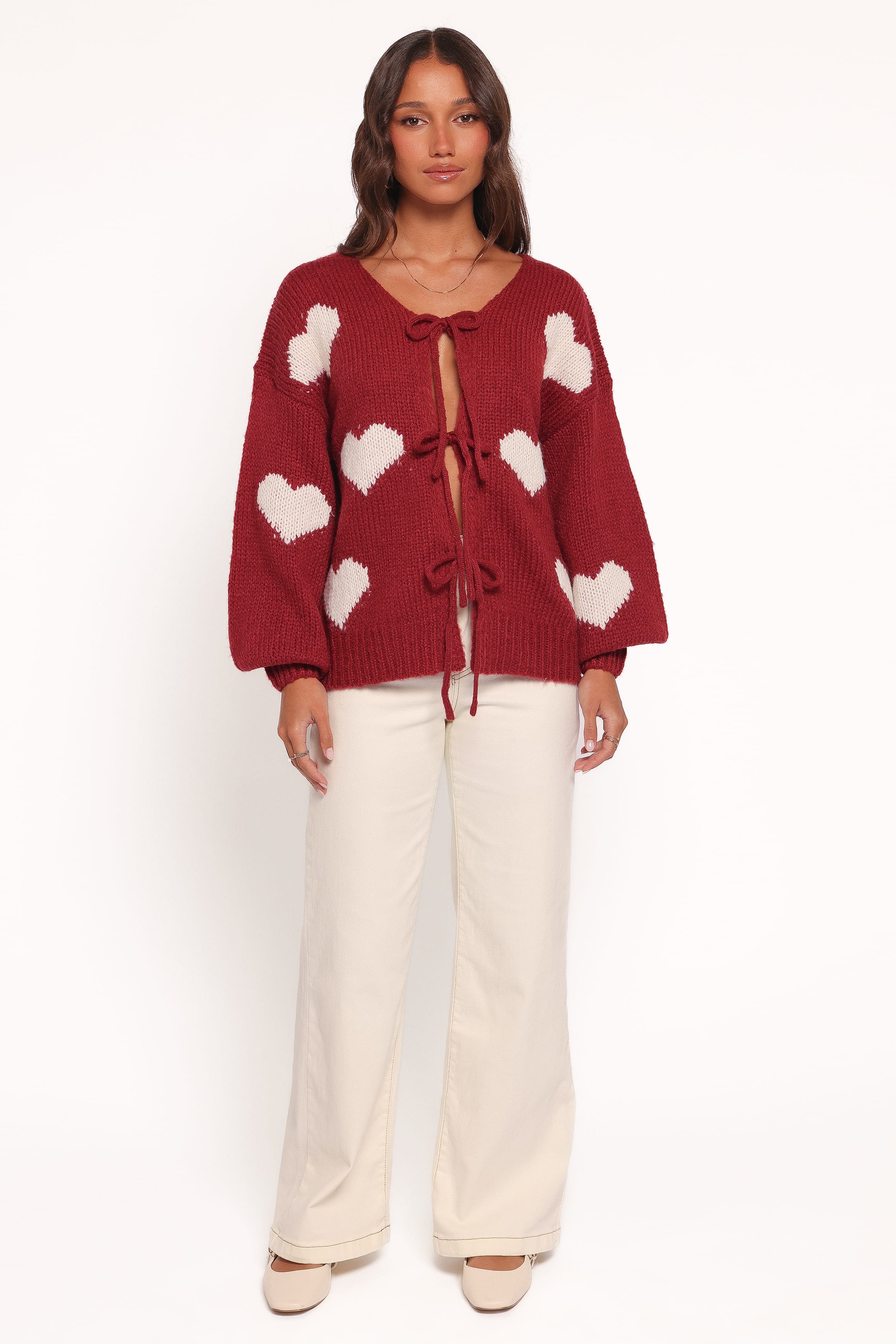 KNITWEAR Nadine All Over Heart Tie Front Cardigan - Wine