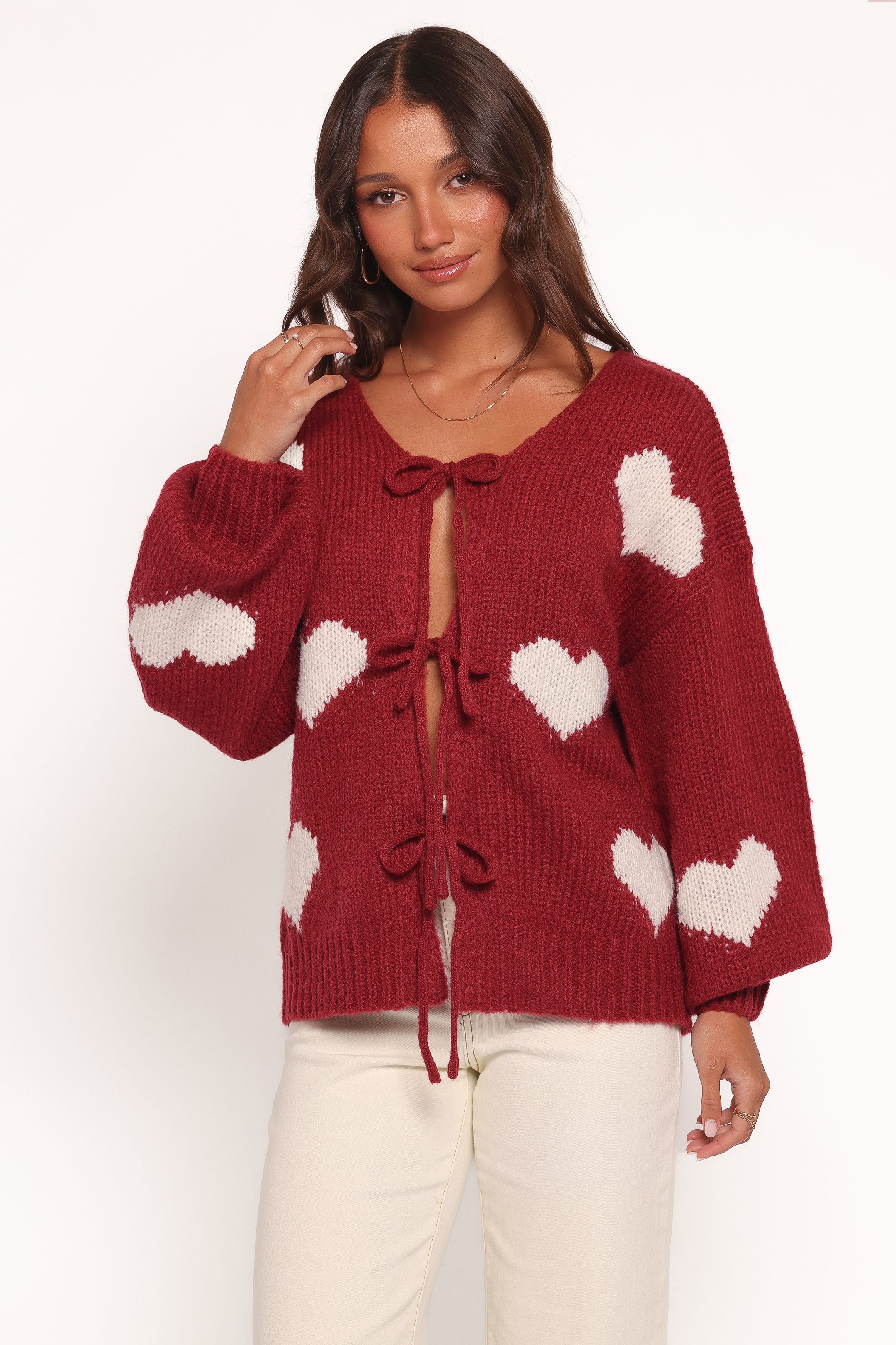 KNITWEAR Nadine All Over Heart Tie Front Cardigan - Wine