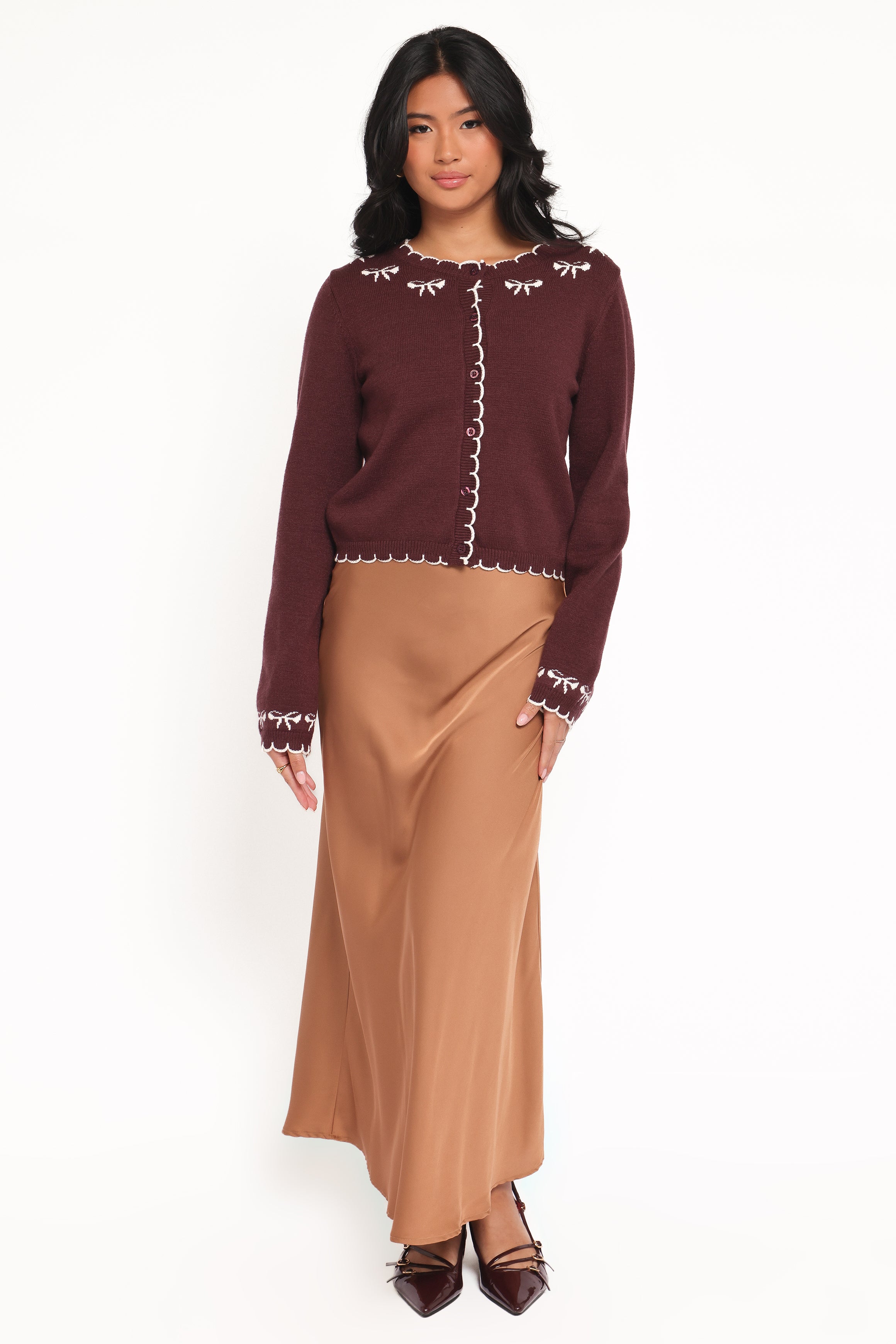 KNITWEAR Payton Bow Scallop Cardigan - Plum