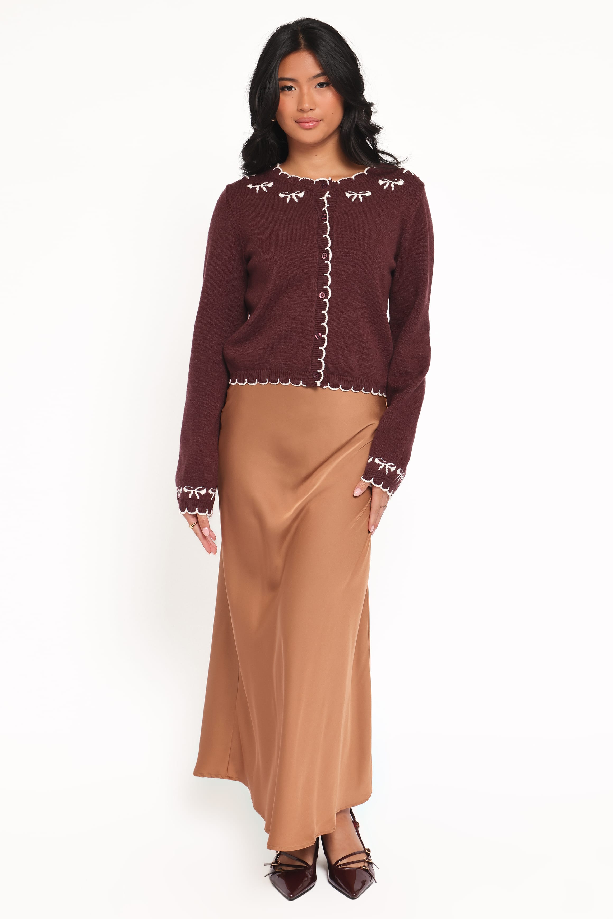 KNITWEAR Payton Bow Scallop Cardigan - Plum