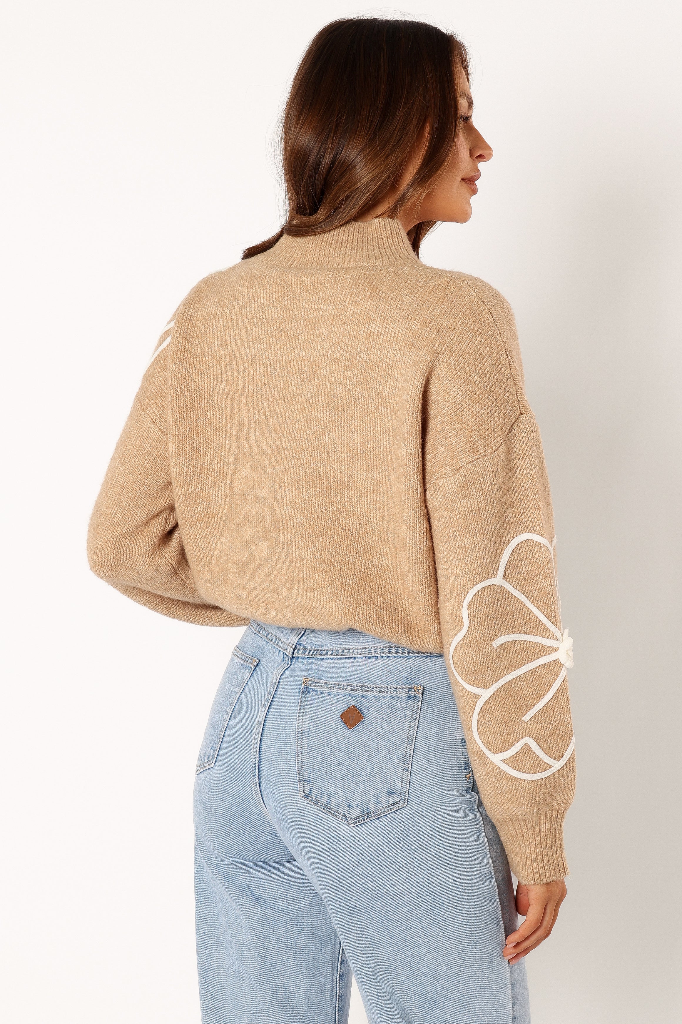 KNITWEAR @Rebecca Flower Embroidery Mockneck Knit Sweater - Taupe