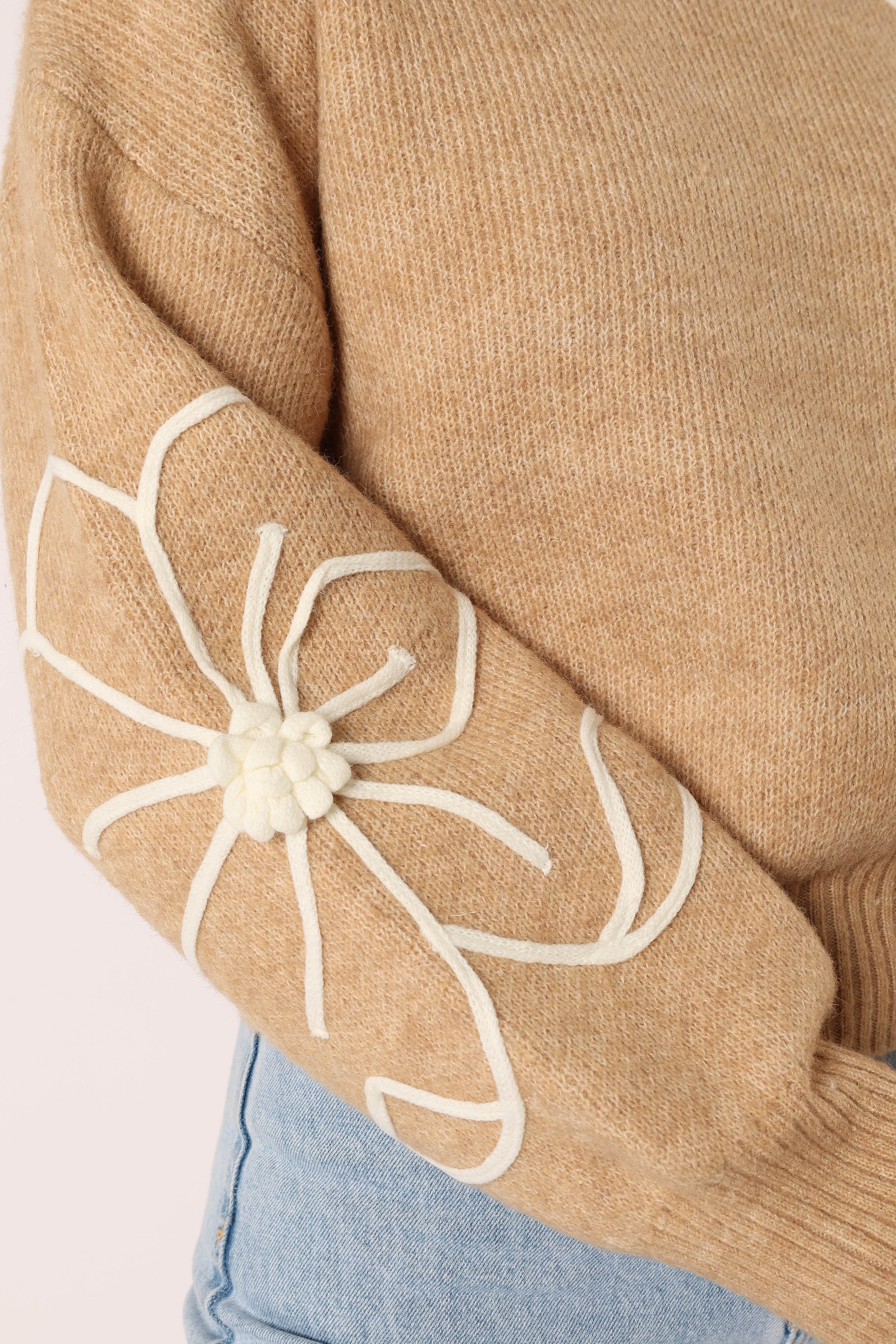 KNITWEAR @Rebecca Flower Embroidery Mockneck Knit Sweater - Taupe