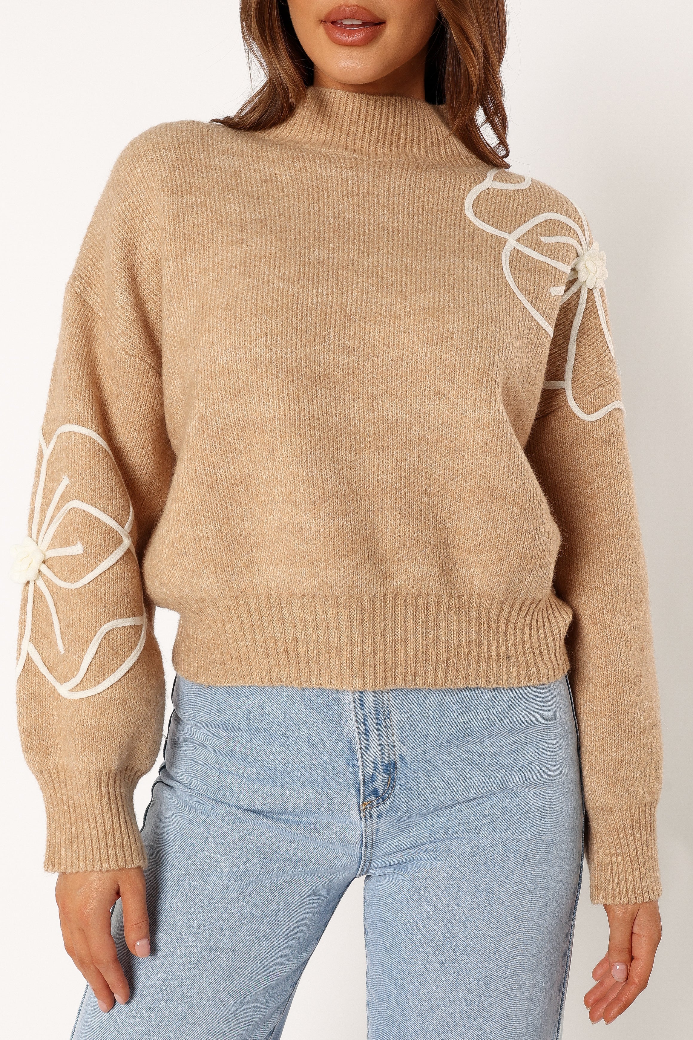 KNITWEAR @Rebecca Flower Embroidery Mockneck Knit Sweater - Taupe