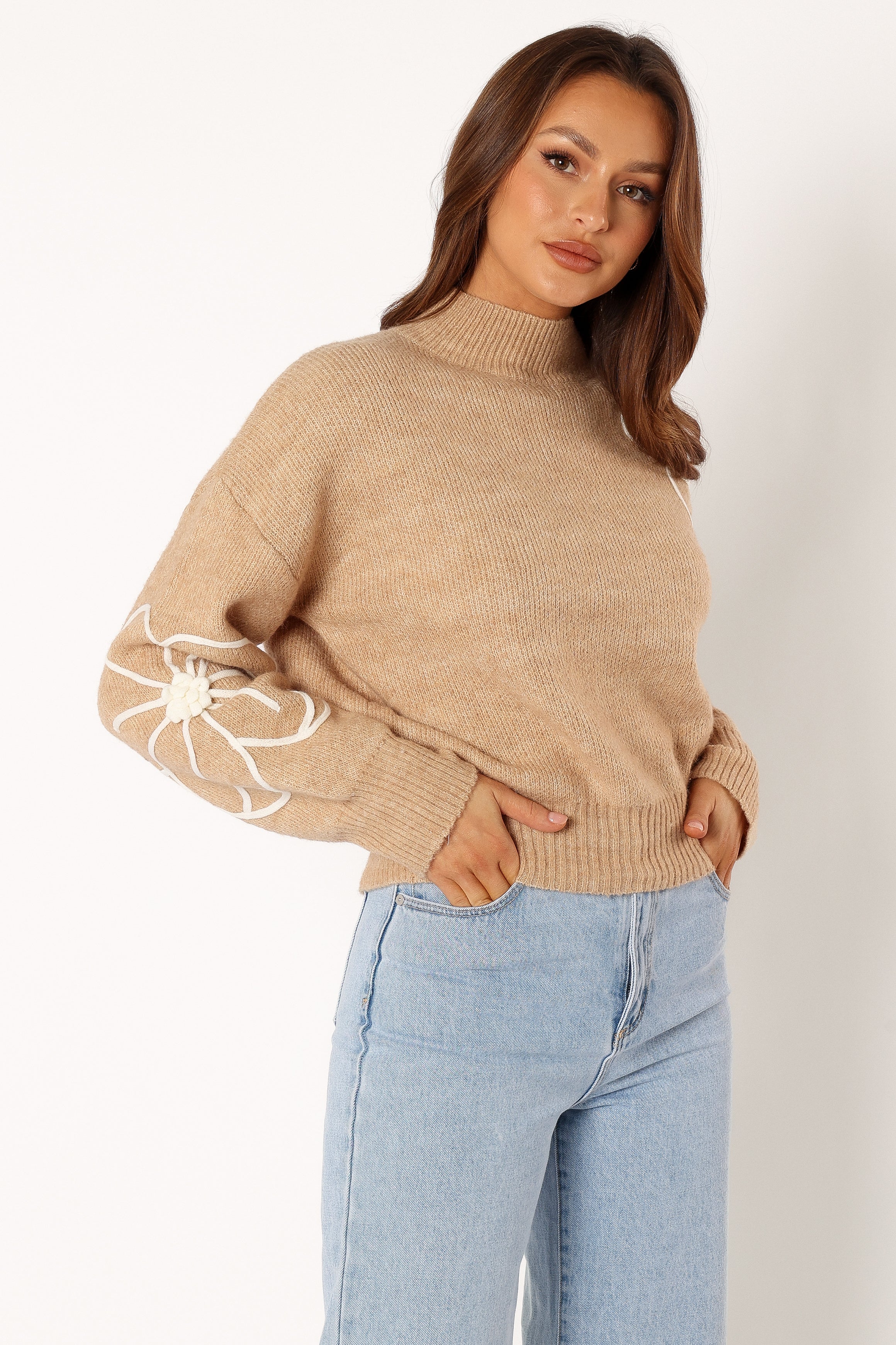 KNITWEAR @Rebecca Flower Embroidery Mockneck Knit Sweater - Taupe