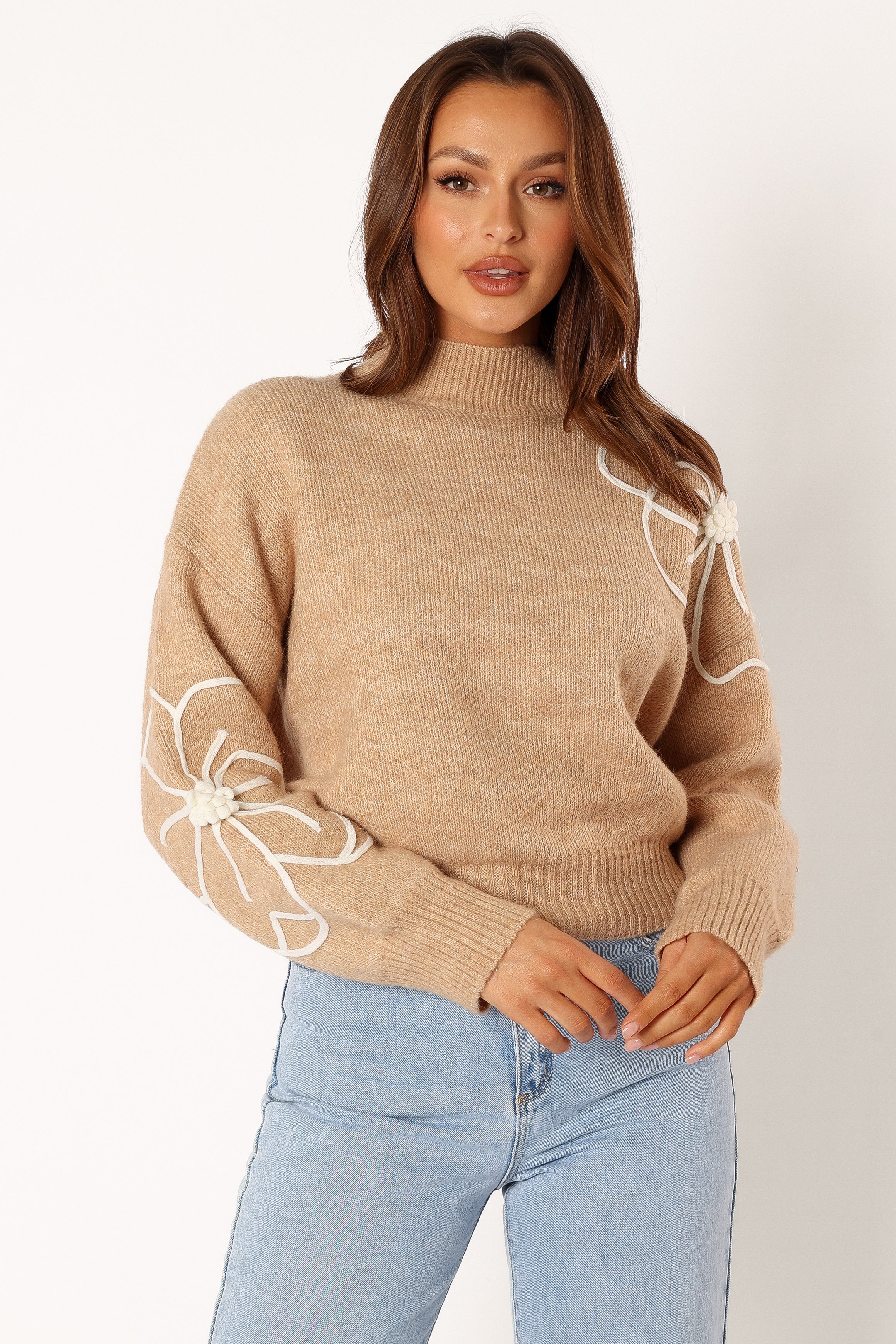KNITWEAR @Rebecca Flower Embroidery Mockneck Knit Sweater - Taupe