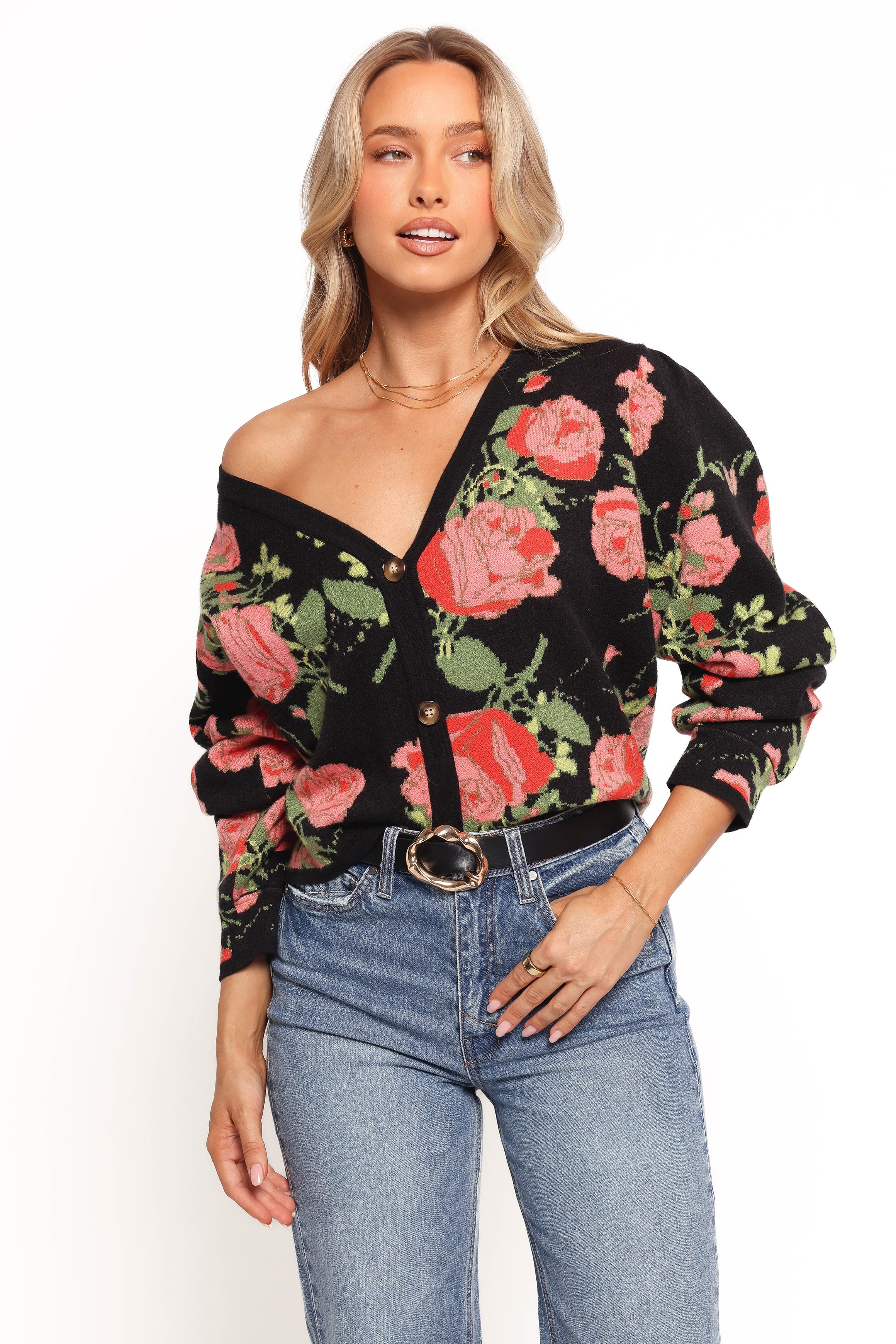 KNITWEAR Reeva Button Front Floral Cardigan - Black Floral