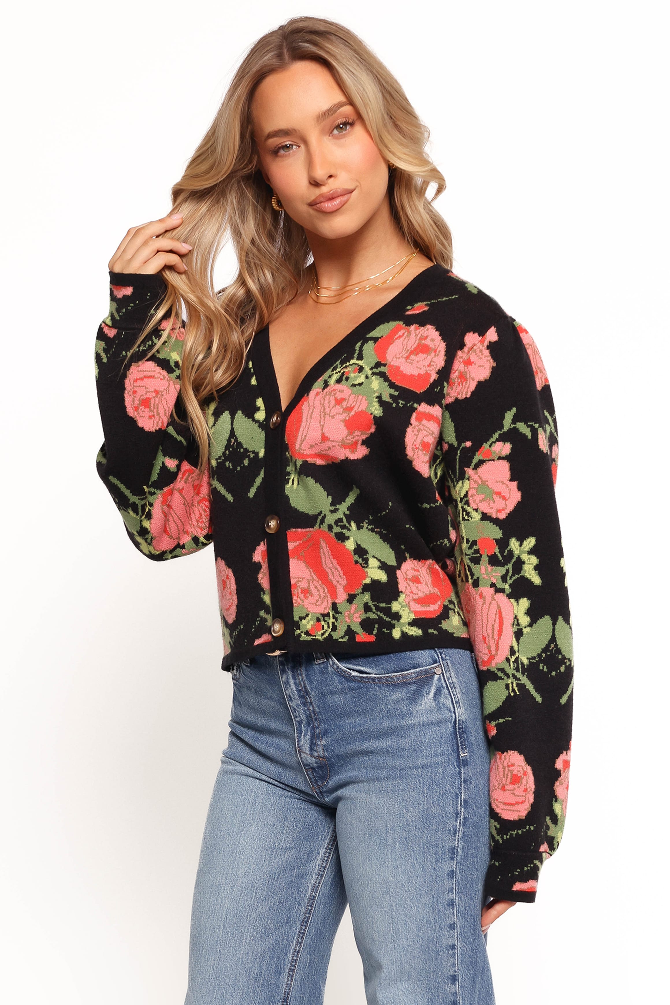 KNITWEAR Reeva Button Front Floral Cardigan - Black Floral