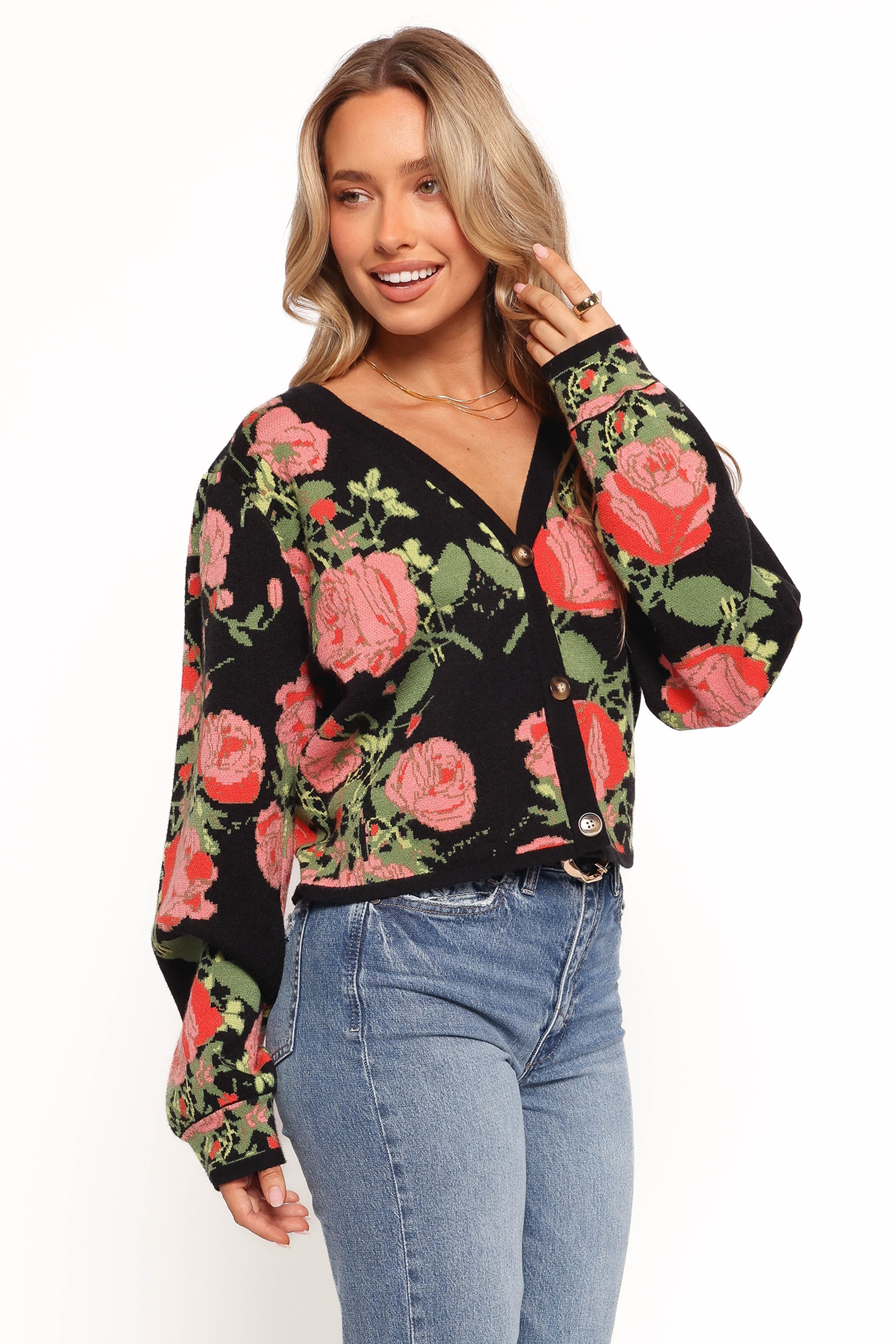 KNITWEAR Reeva Button Front Floral Cardigan - Black Floral