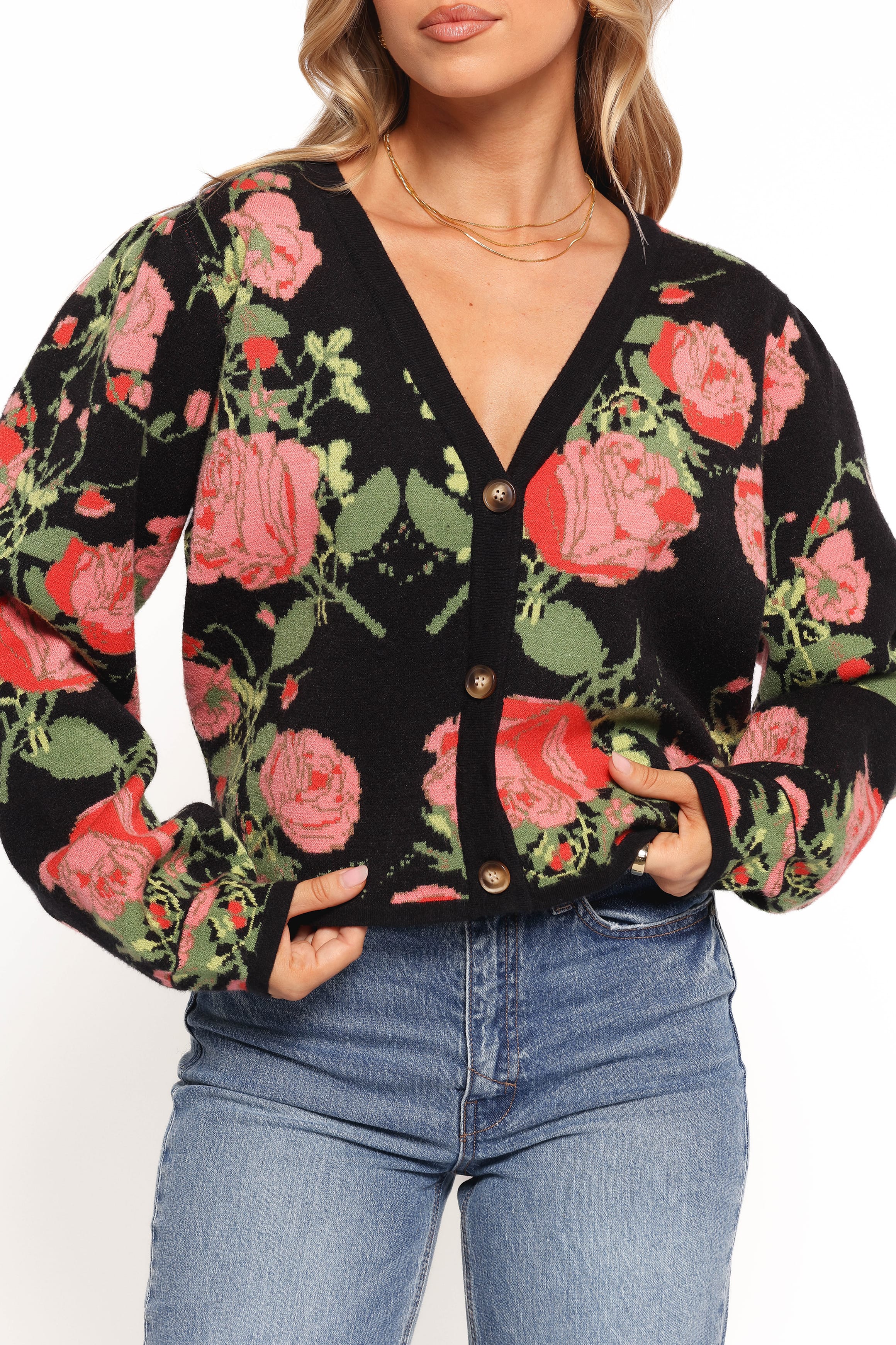 KNITWEAR Reeva Button Front Floral Cardigan - Black Floral