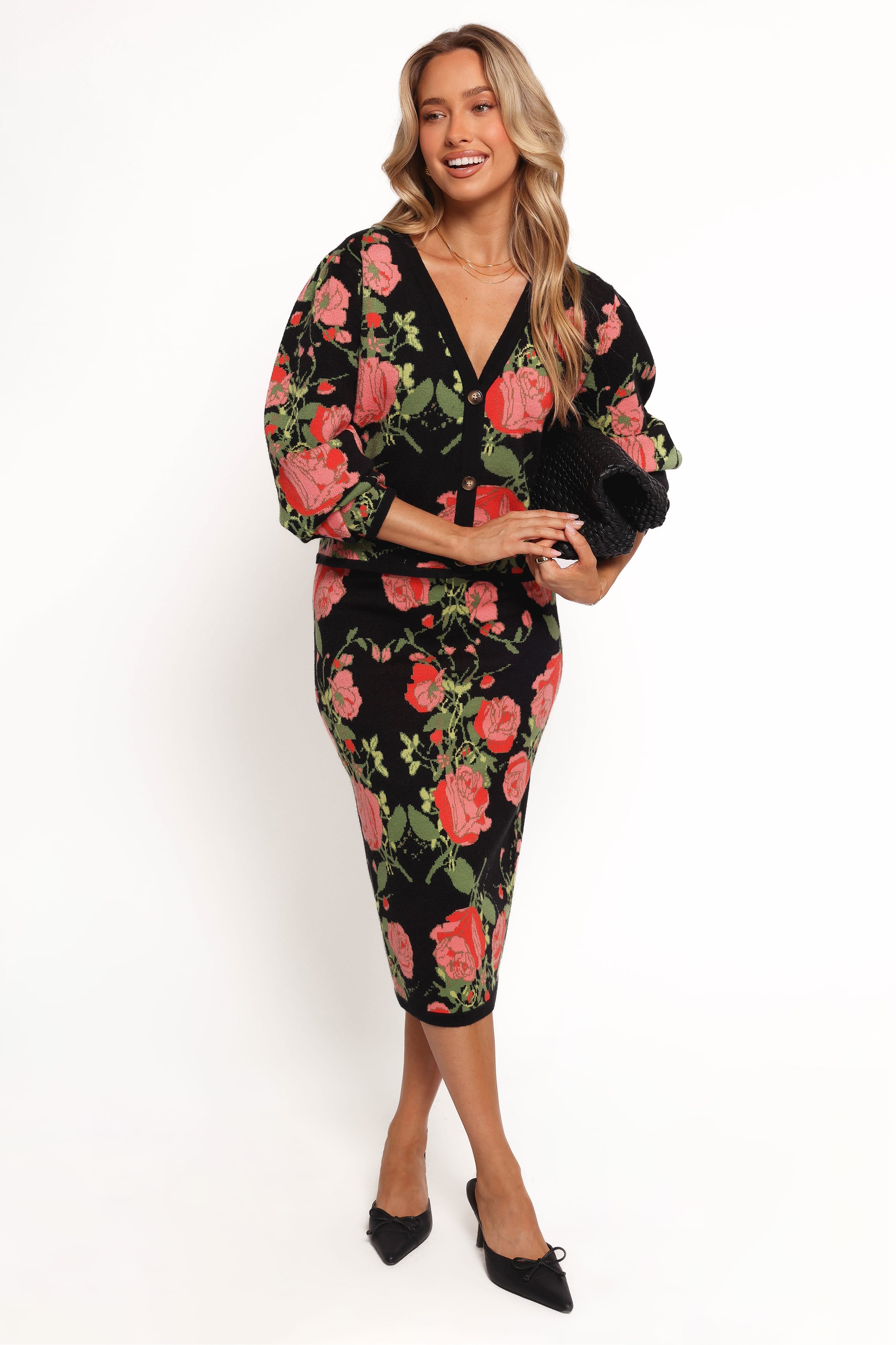 KNITWEAR Reeva Button Front Floral Cardigan - Black Floral