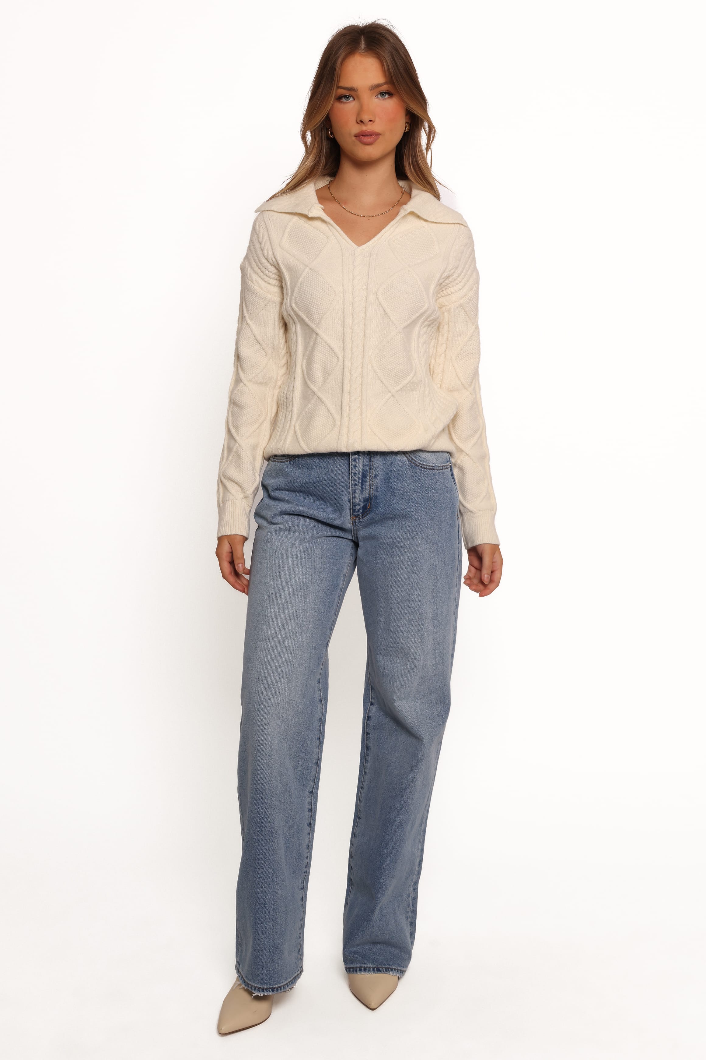 KNITWEAR Robbie Collar Neck Cable Knit Sweater - Cream