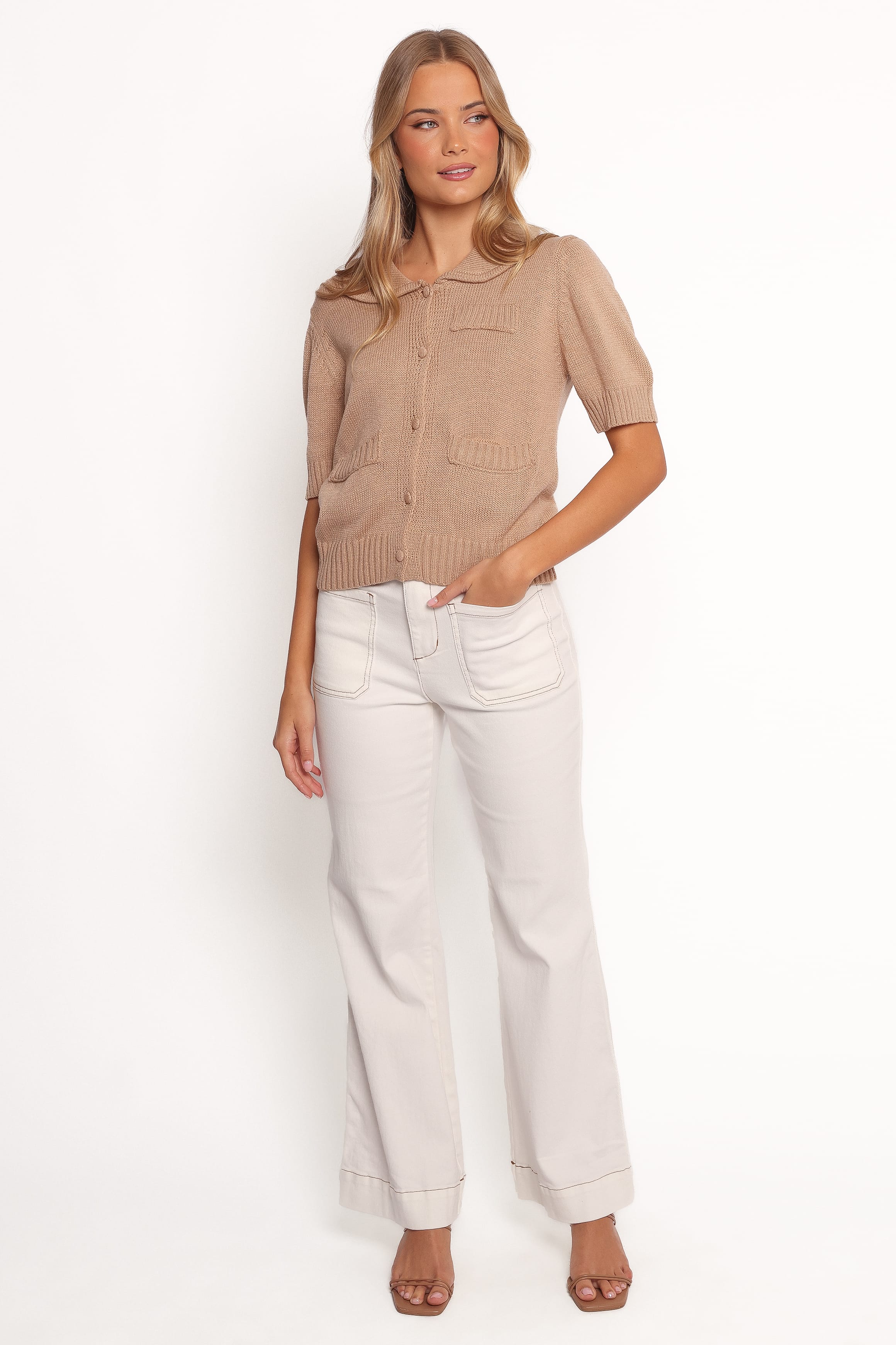 KNITWEAR Roman Button Front Cardigan - Beige