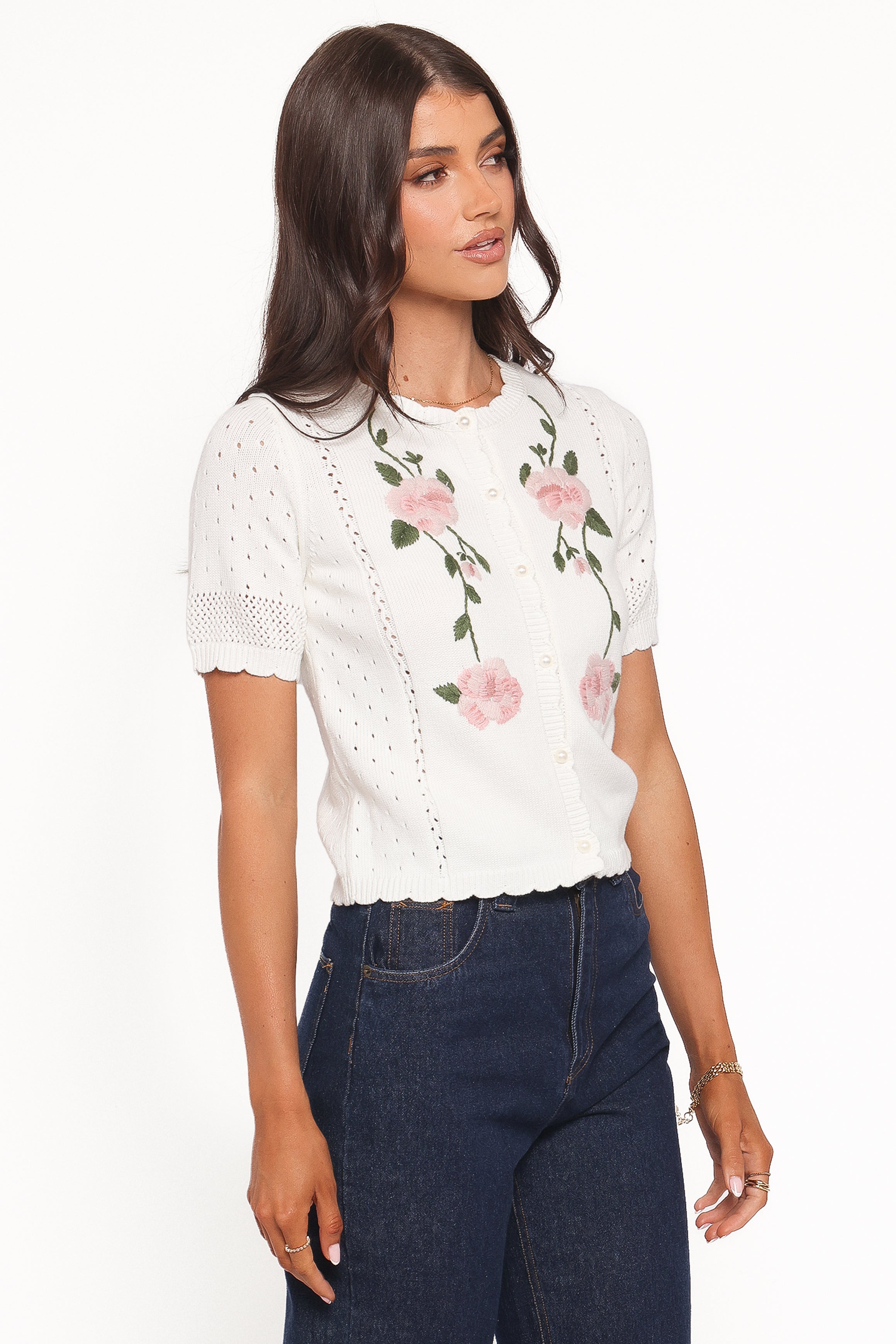 KNITWEAR Rossi Floral Button Up Cardigan - White/Pink
