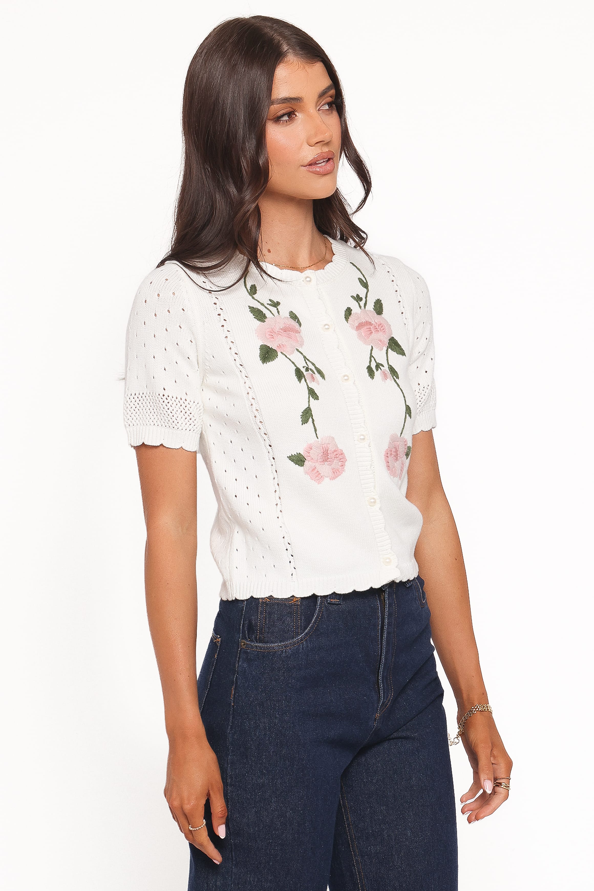 KNITWEAR Rossi Floral Button Up Cardigan - White/Pink