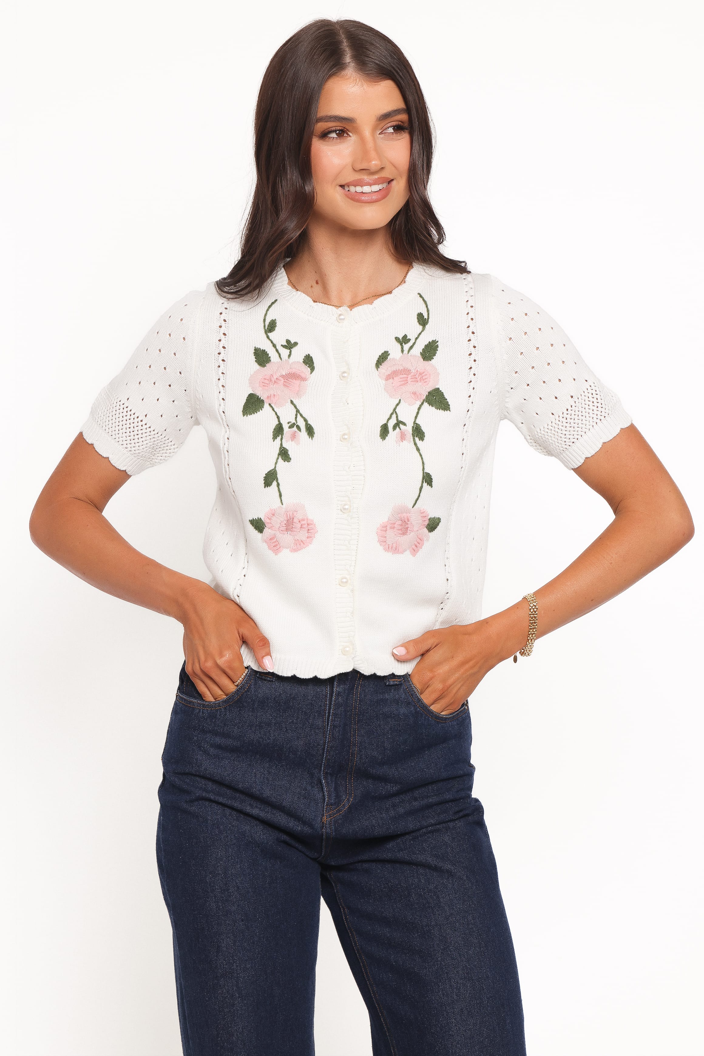 KNITWEAR Rossi Floral Button Up Cardigan - White/Pink
