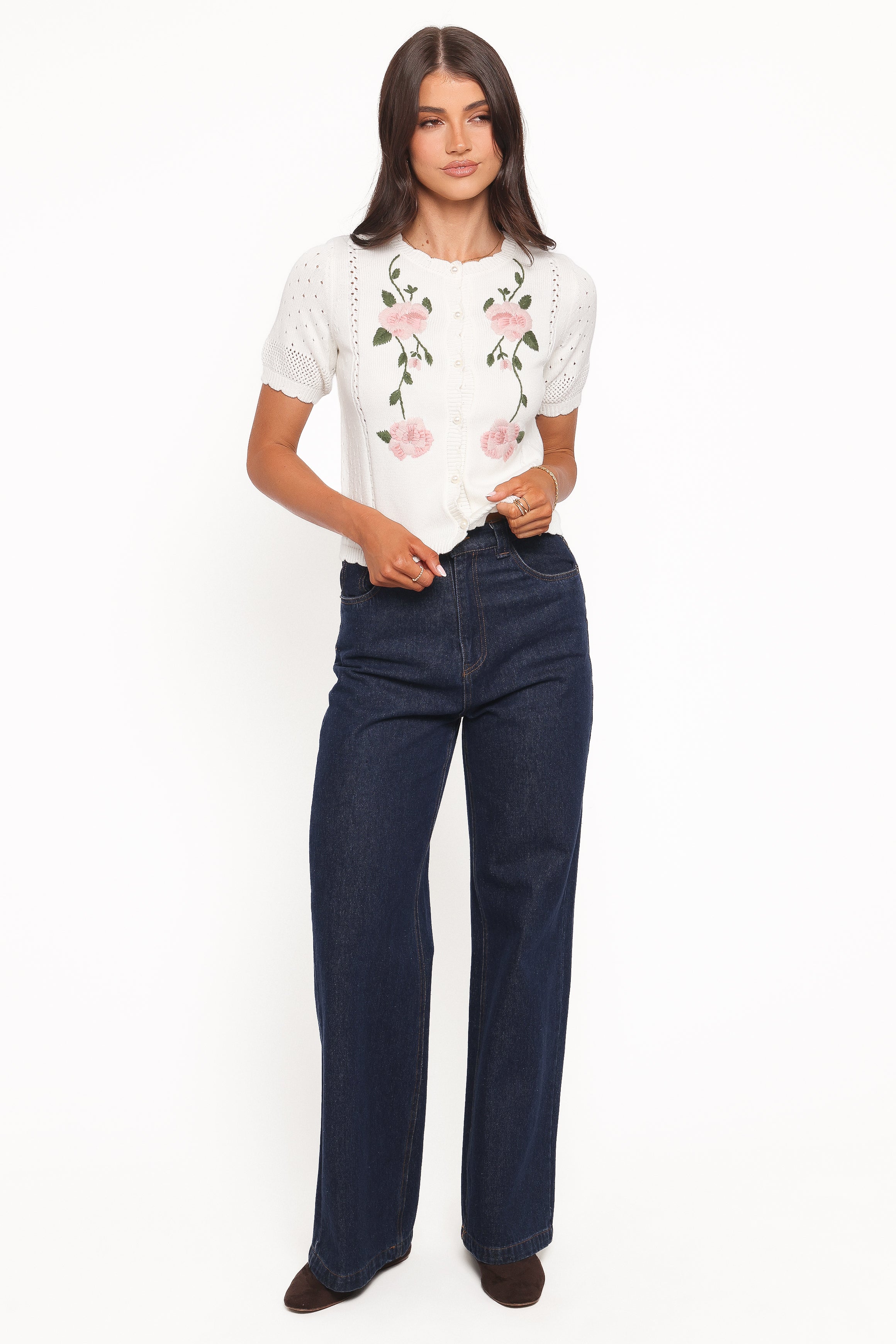 KNITWEAR Rossi Floral Button Up Cardigan - White/Pink