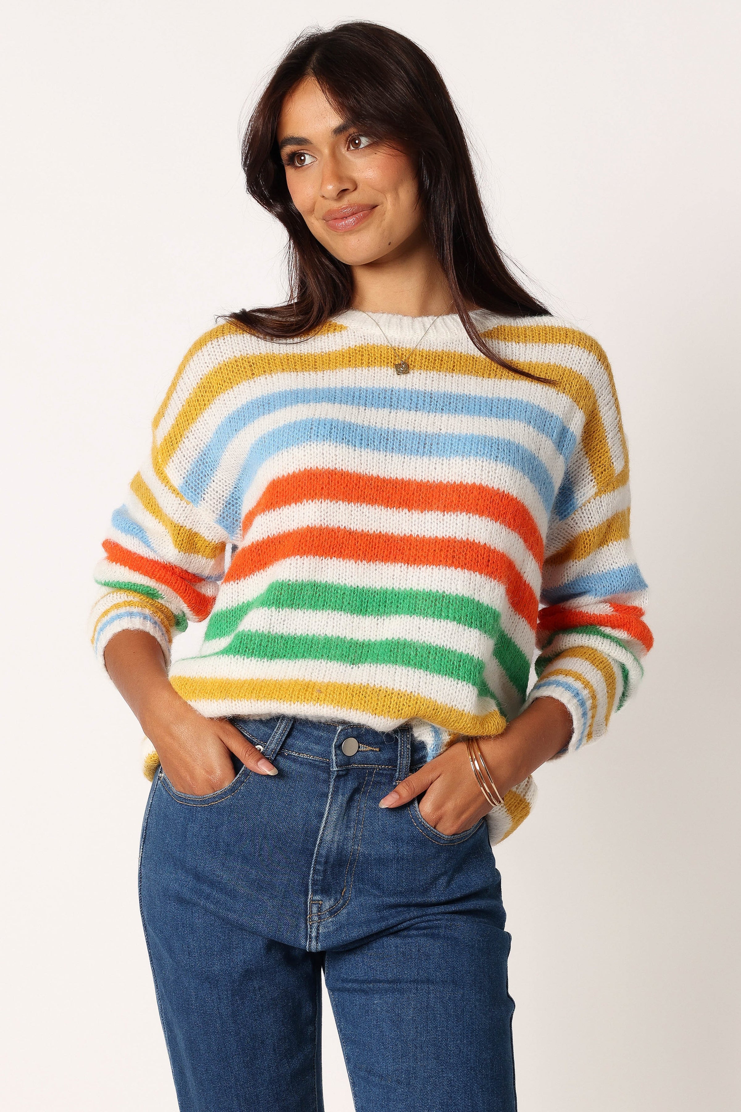 KNITWEAR @Sasha Multi Stripe Crewneck Knit Sweater - Multi
