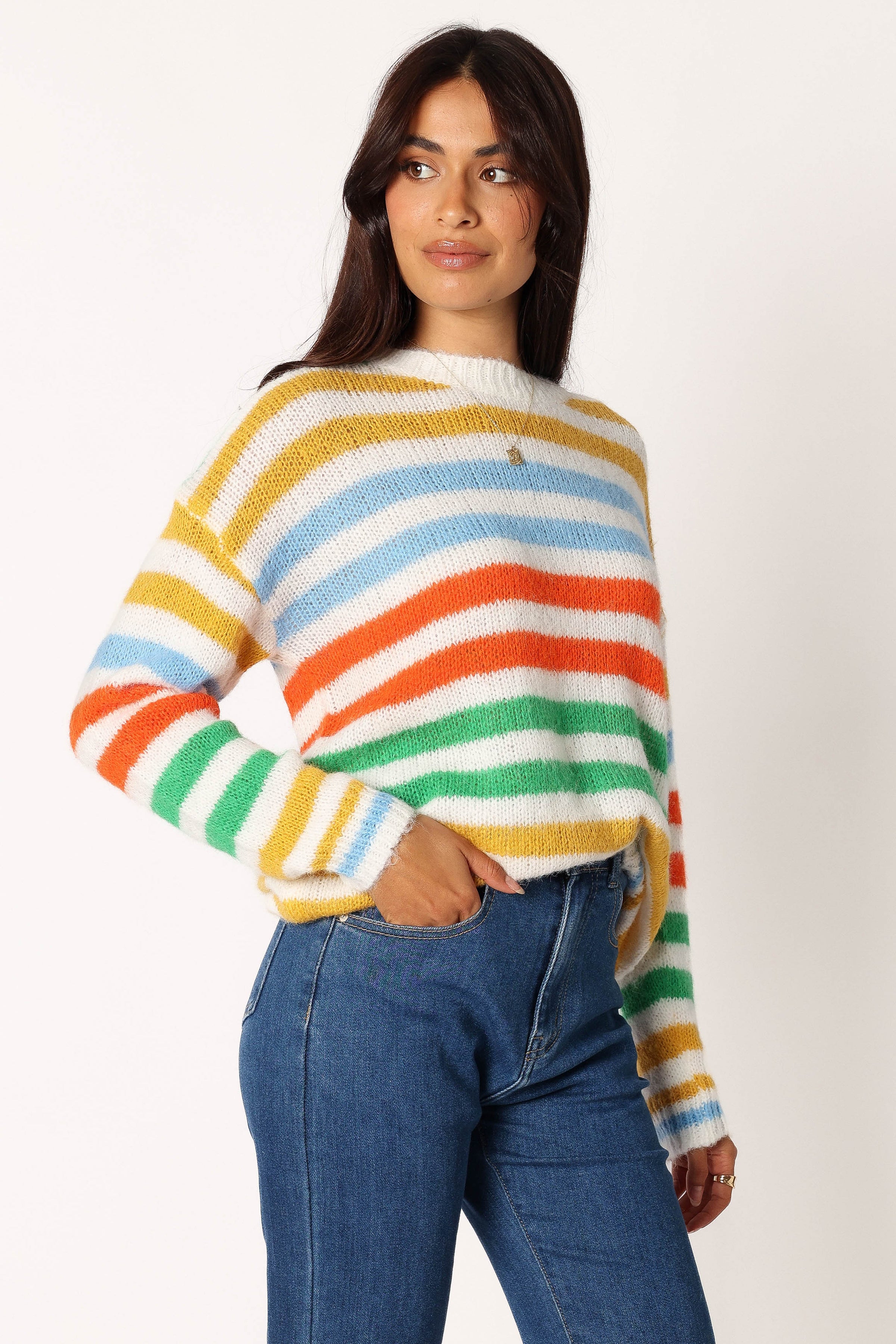 KNITWEAR @Sasha Multi Stripe Crewneck Knit Sweater - Multi