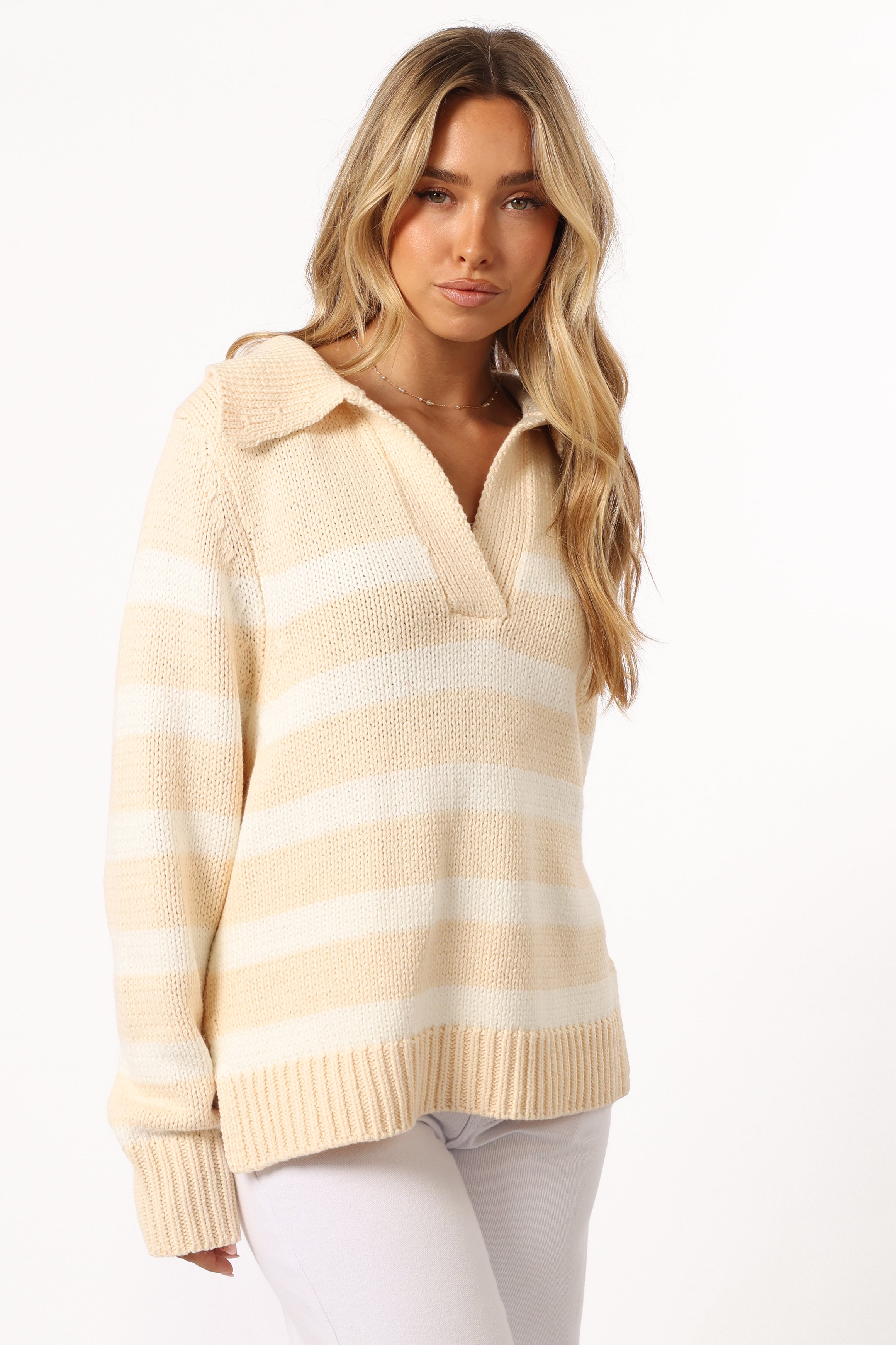 KNITWEAR Shea Striped Collar Knit Sweater - Cream