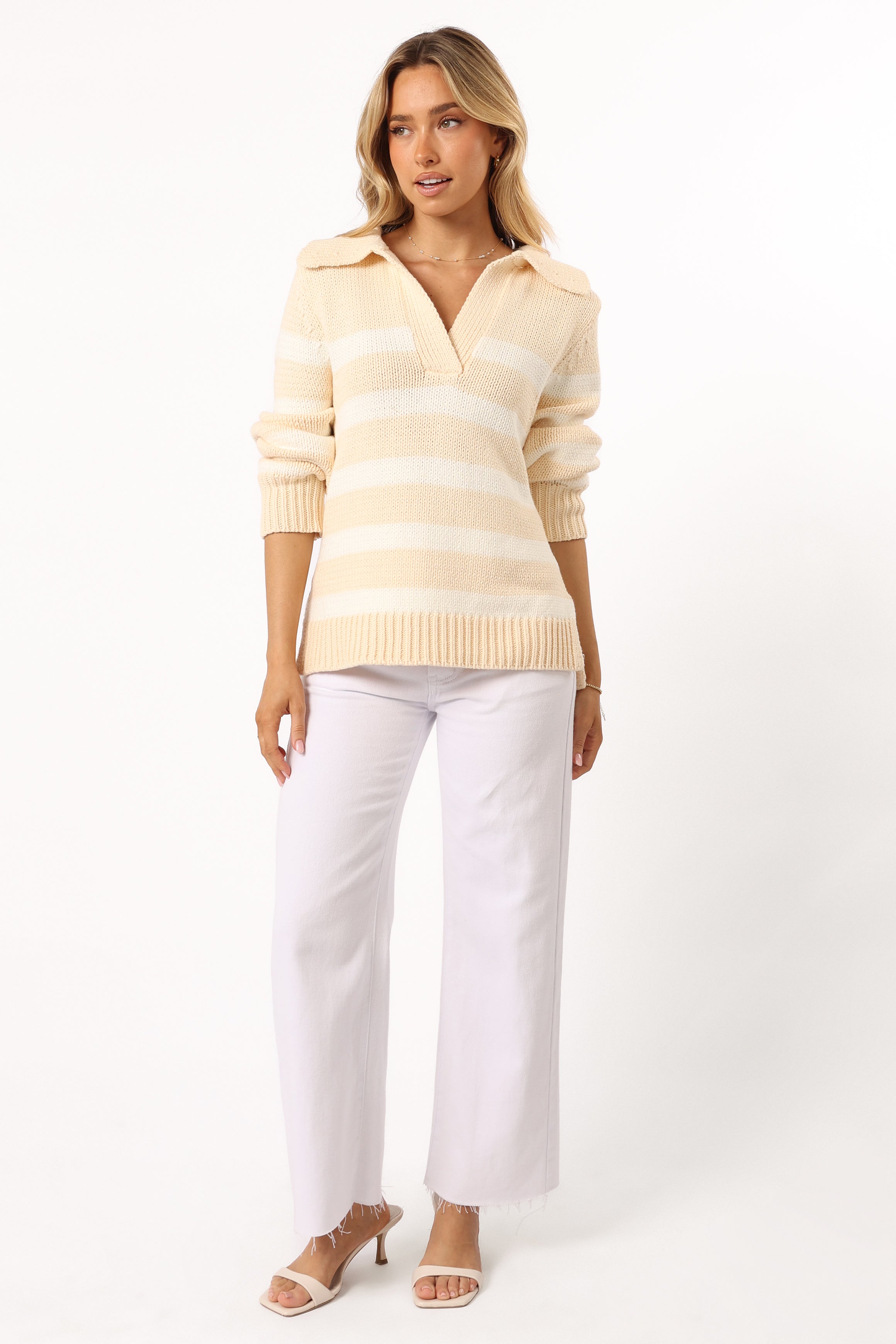 KNITWEAR @Shea Striped Collar Knit Sweater - Cream