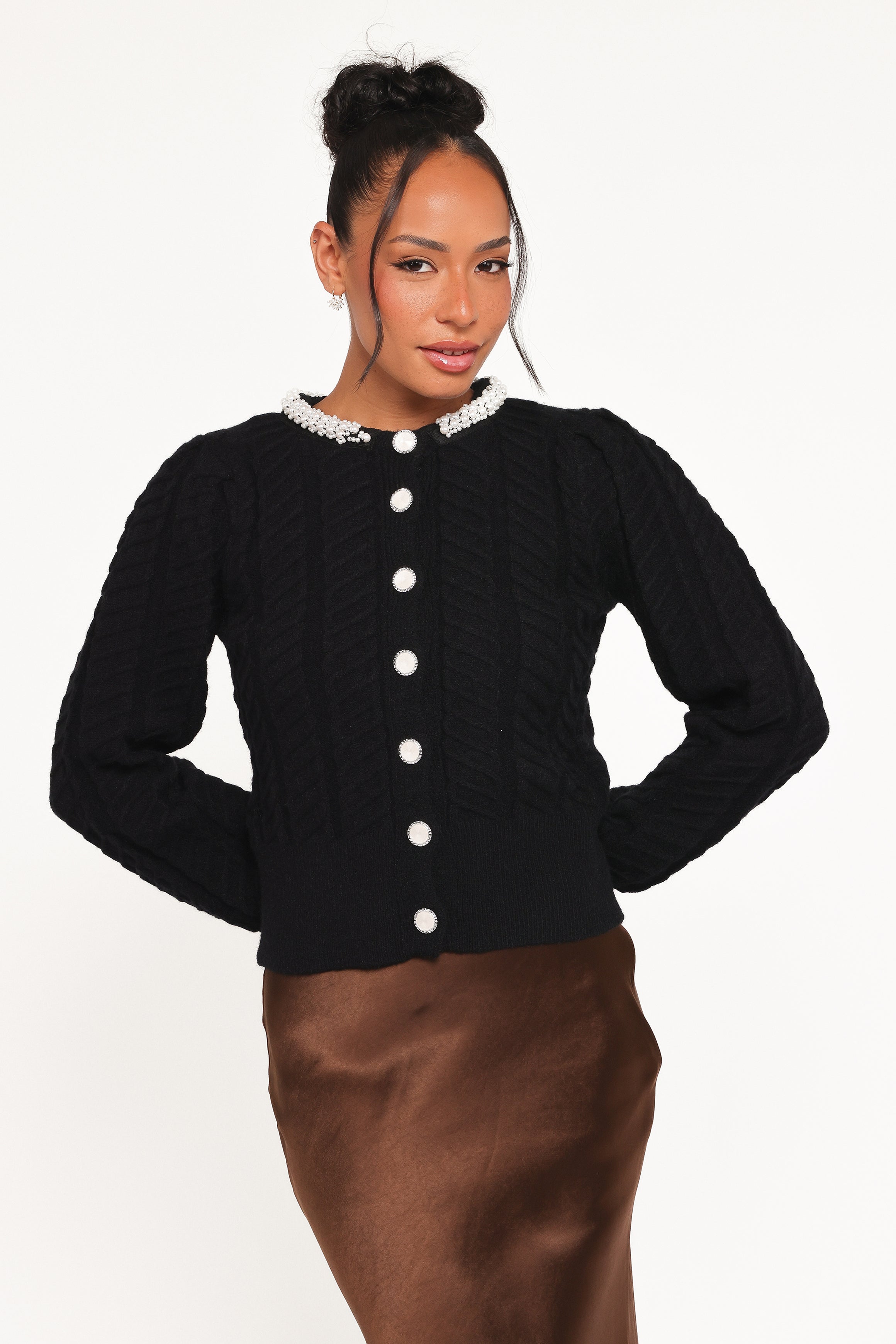 KNITWEAR Sheena Rhinestone Collar Holiday Cardigan - Black