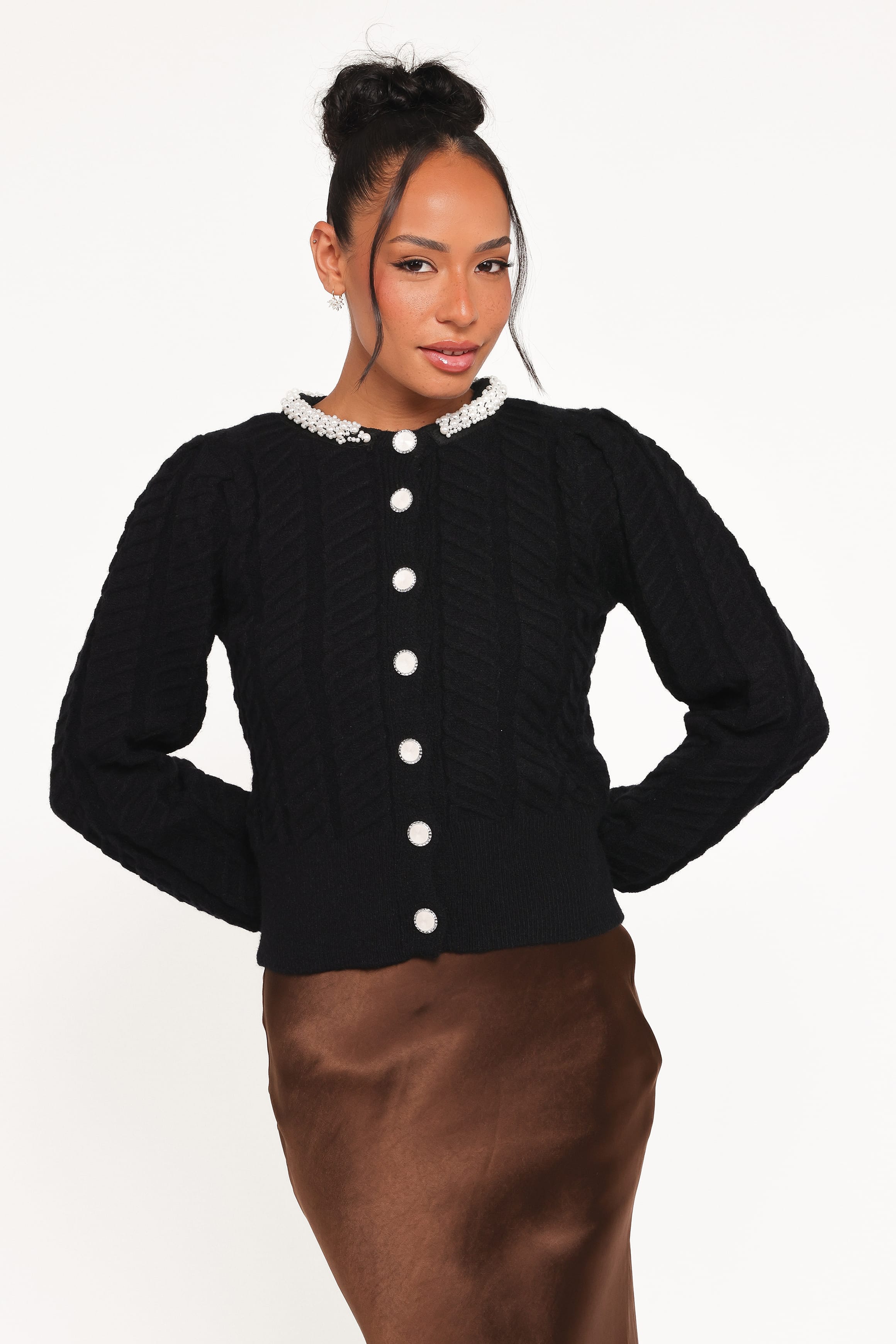 KNITWEAR Sheena Rhinestone Collar Holiday Cardigan - Black